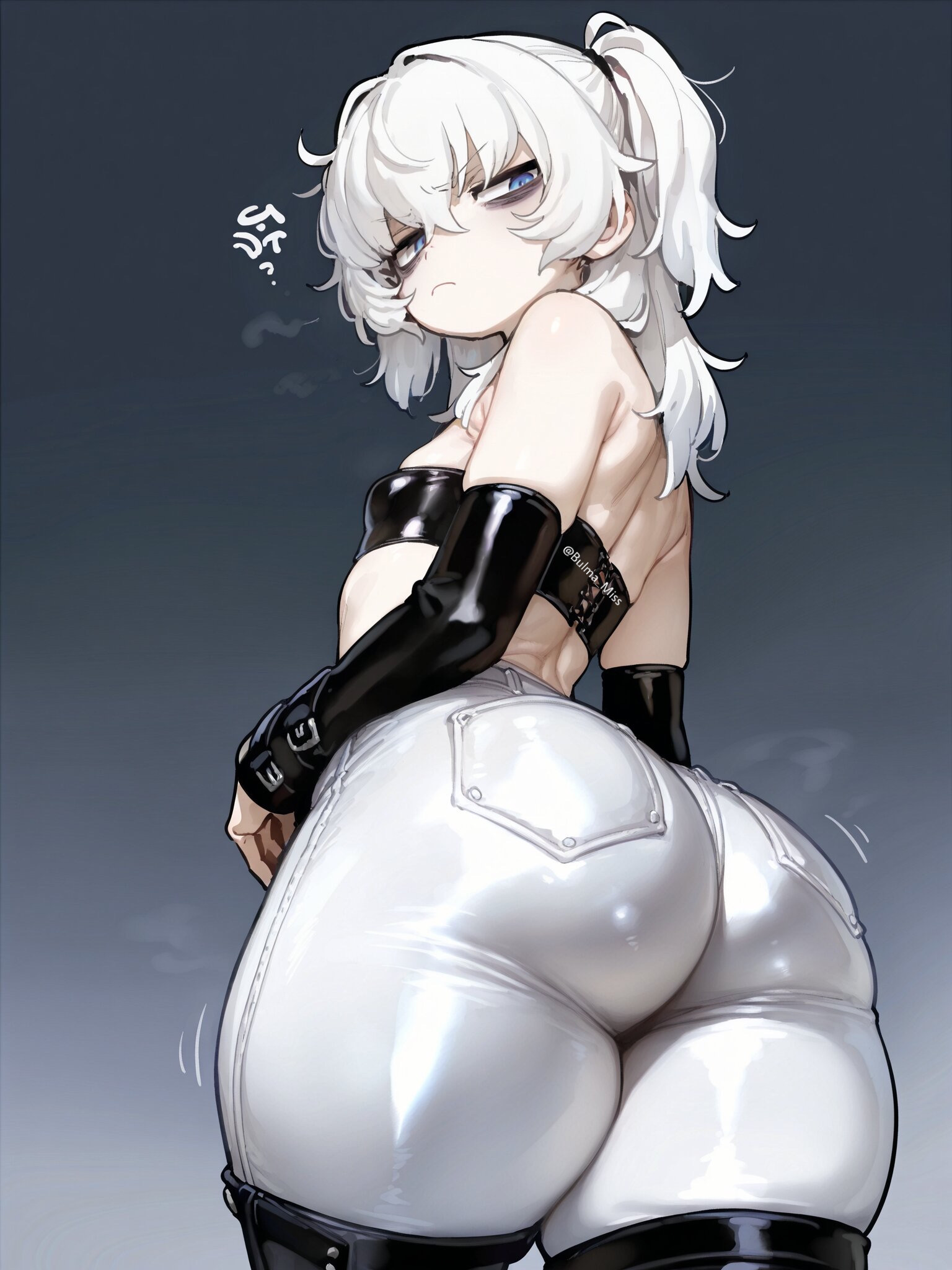 1girls, ai generated, belly button, big ass, big butt, blue eyes, bubble ass, bubble butt, camel toe, cameltoe, commission, dungeons and dragons, imminent sex, latex, latex armwear, latex clothing, latex legwear, latex pants, latex tubetop, leather, leather clothing, leather pants, lily buns, looking at viewer, looking back, mage, oatmealdood, oblivion, oc, original, pale-skinned female, shiny clothes, shortstack, skin tight, skyrim, small breasts, solo female, submissive, submissive female, suggestive look, the elder scrolls, thick ass, thick butt, thick thighs, tube top, tubetop, twintails, white hair