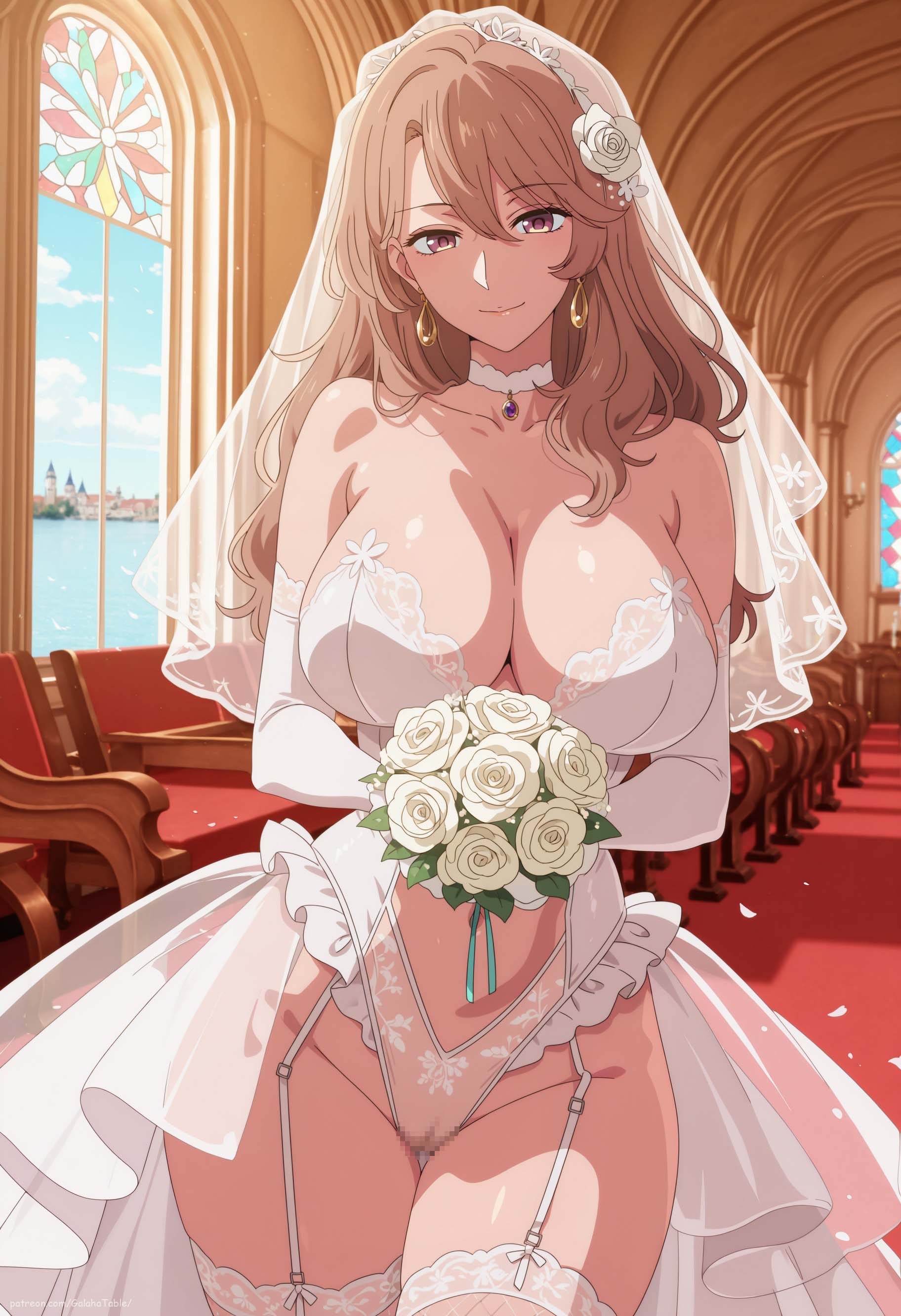 adult, adult female, ai generated, beautiful, beautiful female, big breasts, bouquet, bridal gauntlets, bridal lingerie, bridal veil, bride, bride veil, brown eyes, brown hair, choker, church, church interior, cleavage, elbow gloves, flowers, garter straps, hourglass figure, jewelry, leotard, long hair, mature female, meowlucy, milf, oshi no ko, pendant, revealing clothes, saitou miyako, see-through, see-through clothing, stockings, thighhighs, wedding bouquet, wedding dress, wedding lingerie, wife material