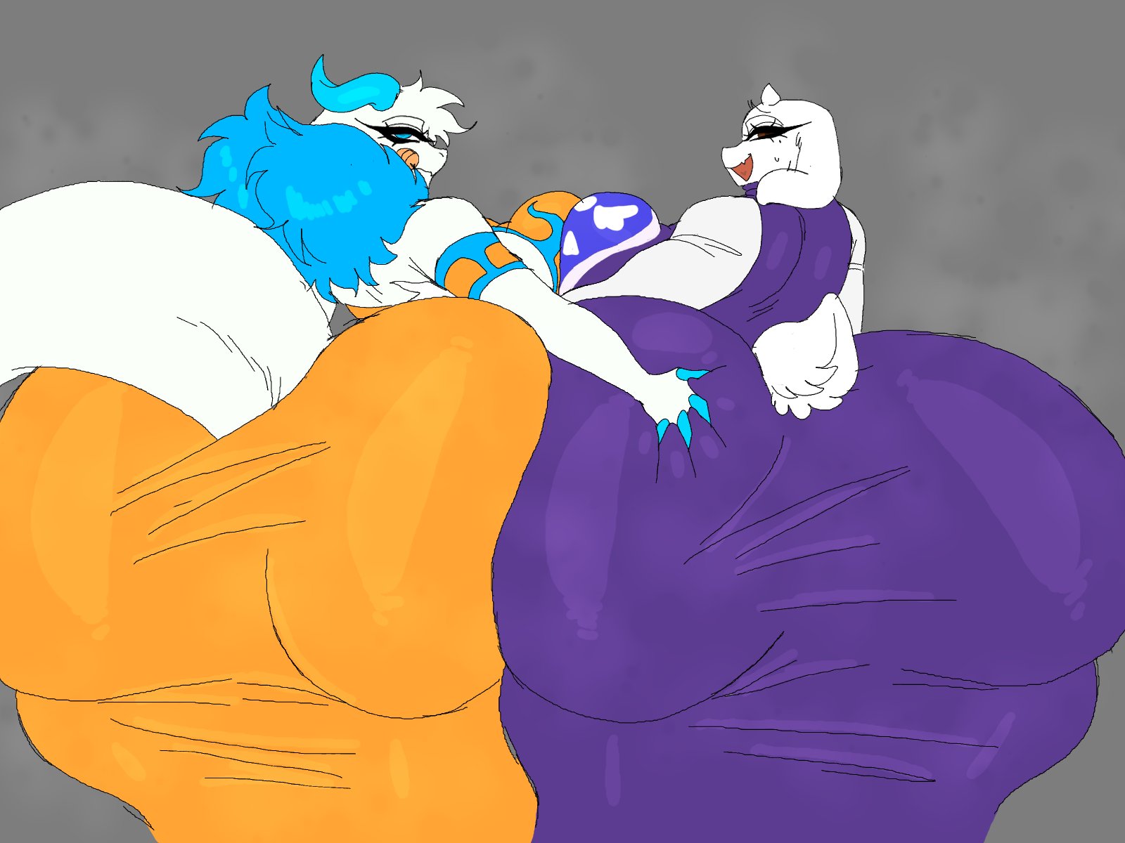 2024, 2d, 2d (artwork), 2d artwork, 2girls, angela flux, angela flux (kiseff), atlyss, big breasts, breast squish, clothed, clothing, female focus, female only, goat, goat girl, goat humanoid, grabbing another's ass, grabbing ass, heavensthroat, huge ass, huge butt, looking at viewer, looking back, musk, musk clouds, steam, steamy, tail, toriel, undertale, viewed from behind