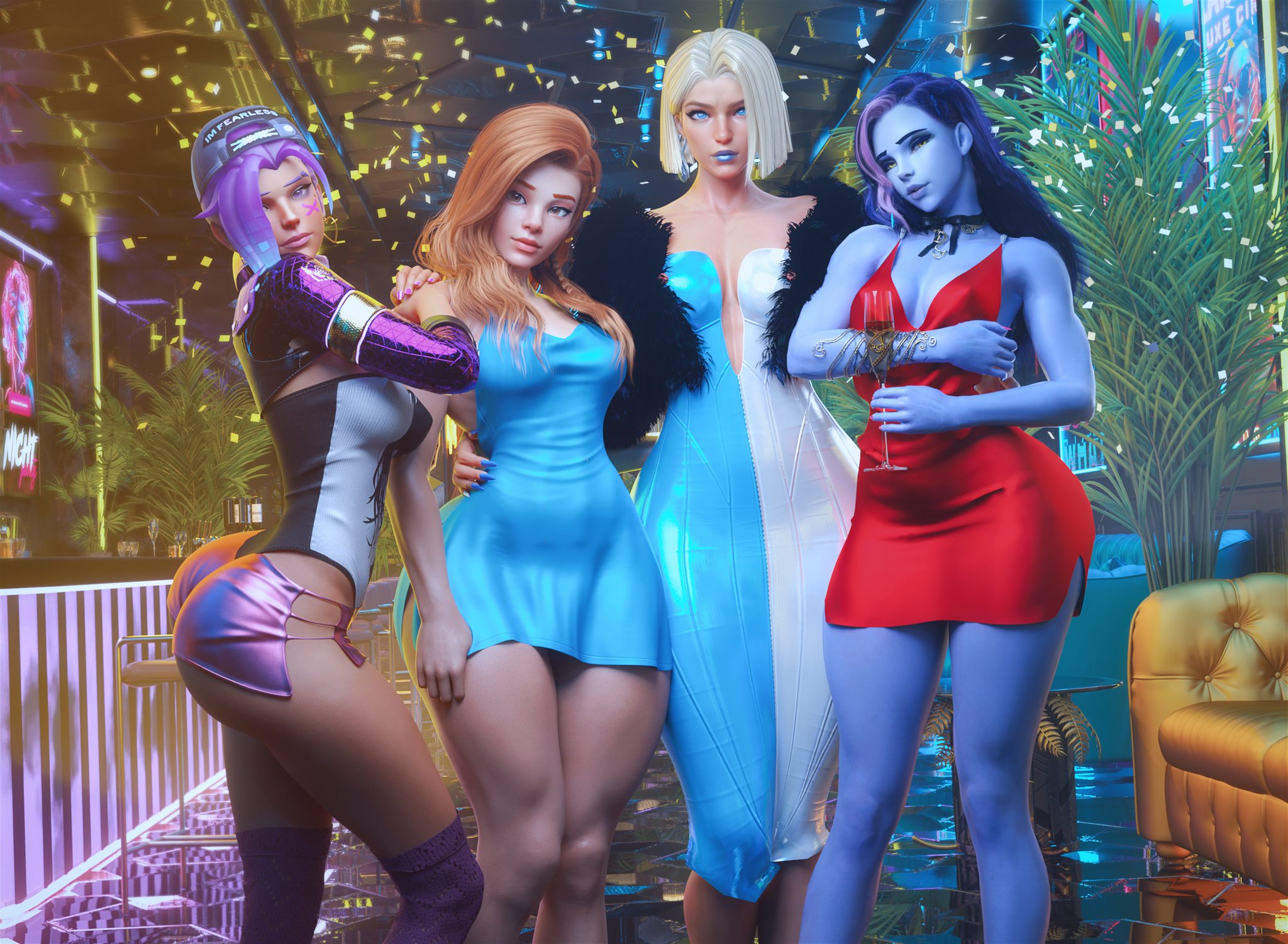 3d, 4girls, activision, alternate costume, antifragile slay star, big ass, big breasts, big thighs, blizzard entertainment, breasts, brigitte, brigitte lindholm, crossover, curvaceous, curvy, curvy figure, emma frost, emma frost (marvel rivals), female, female only, hellfire club, hips, huge ass, huge breasts, huge thighs, large ass, large breasts, large thighs, le sserafim, legs, light skin, light-skinned female, marvel, marvel comics, mature, mature female, multiple girls, mutant, mutant (marvel), noahgraphicz, overwatch, slim waist, sombra, thick, thick hips, thick legs, thick thighs, thighs, voluptuous, waist, wide hips, widowmaker