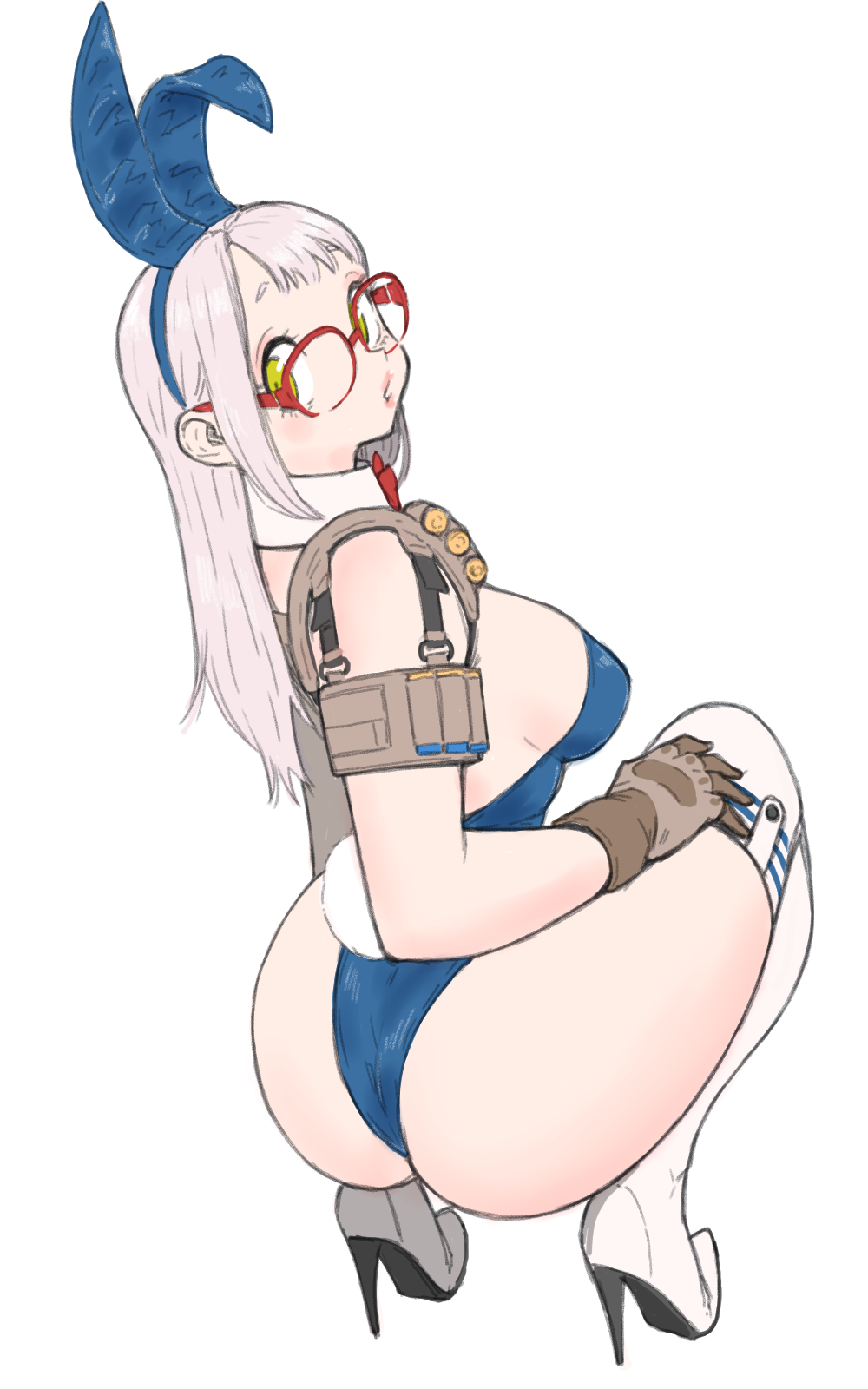 1girls, ass, ass bigger than head, back view, big breasts, big eyes, breasts, bunny ears, bunny girl, bunny tail, female, female only, glasses, gloves, goddess of victory: nikke, heels, high heels, looking at viewer, neon (nikke), pale skin, pale-skinned female, red glasses, revealing clothes, squatting, tagme, thick thighs, thighs, toshinoshin00, white background, white hair