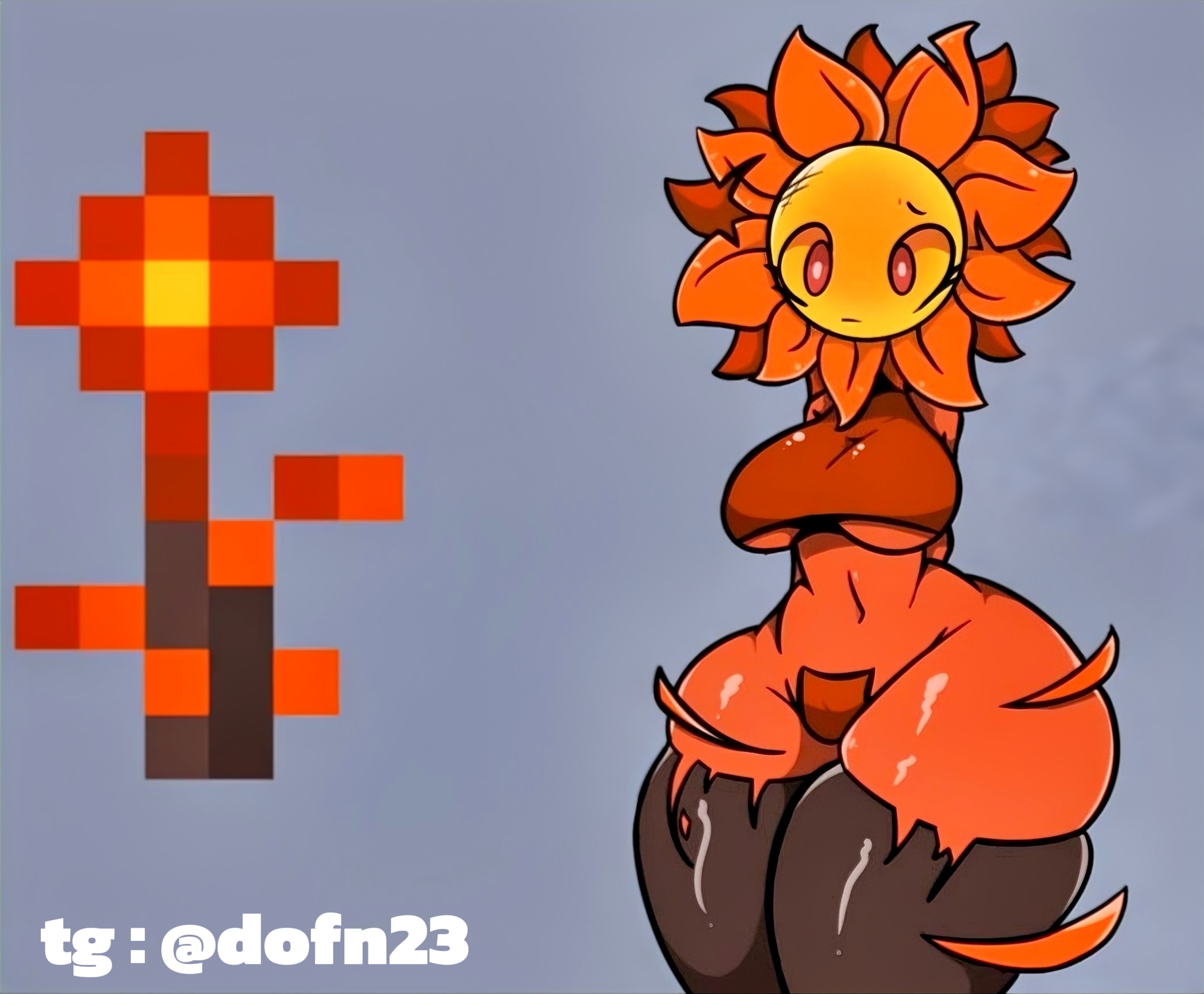 already uploaded, anthro, breasts, clothed, clothing, crotch covered, eyelashes, female, fireblossom (terraria), flora fauna, flower, flower girl, herb, legwear, navel, plant, plant girl, plant humanoid, red body, red eyes, red skin, repost, terraria, thick thighs, third-party edit, torn clothes, treshbaggy