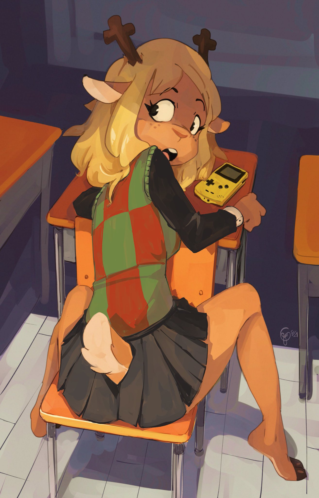 antlers, classroom, deer girl, deltarune, edtropolis, game, hi res, noelle holiday, sfw version, skirt, solo, tail, twitter link