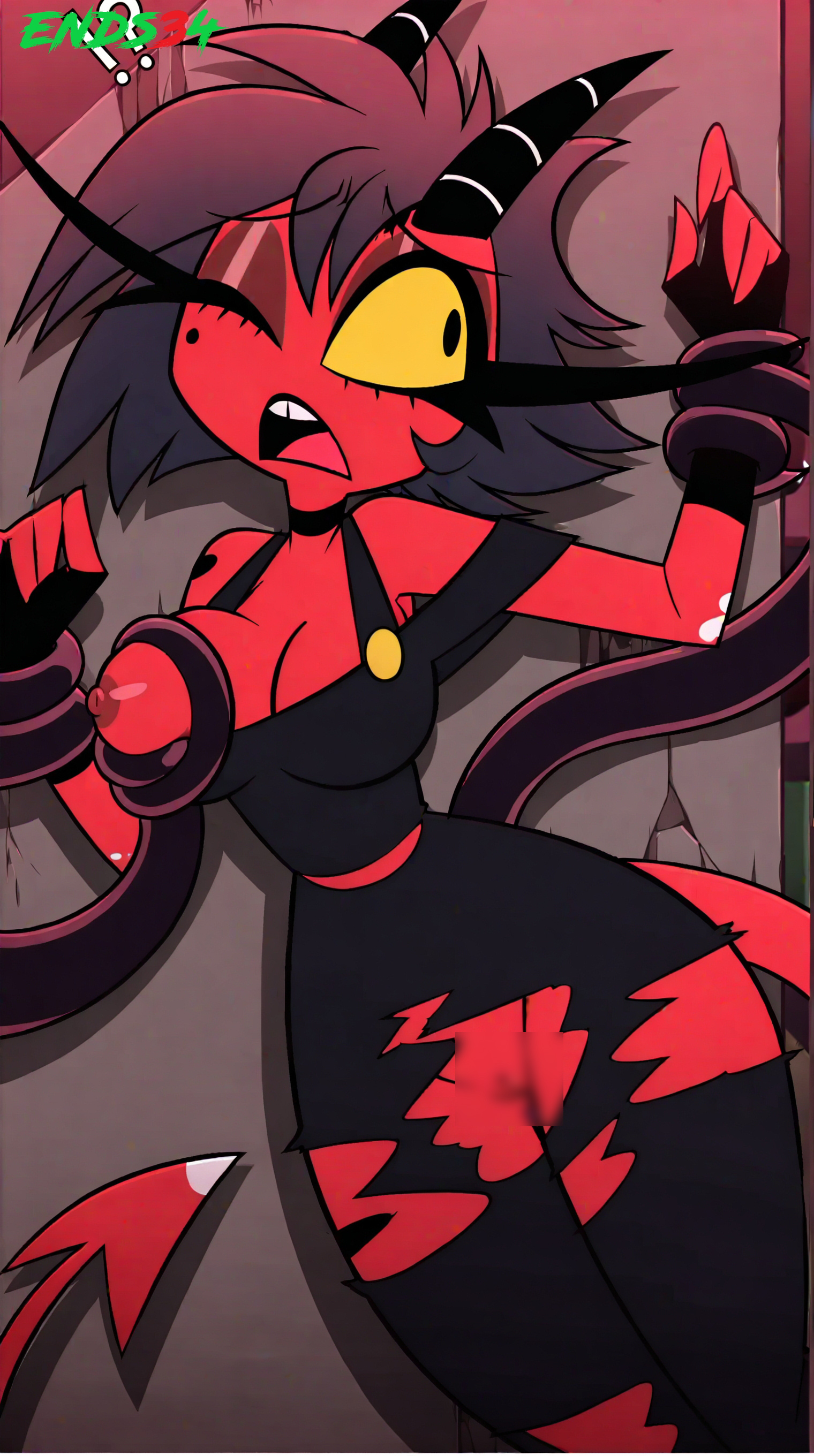 ai generated, big breasts, black hair, defeated heroine, demon girl, ends34, female, female focus, helluva boss, millie (helluva boss), red body, short hair, tentacle, tentacle rape, tentacle sex, torn clothes