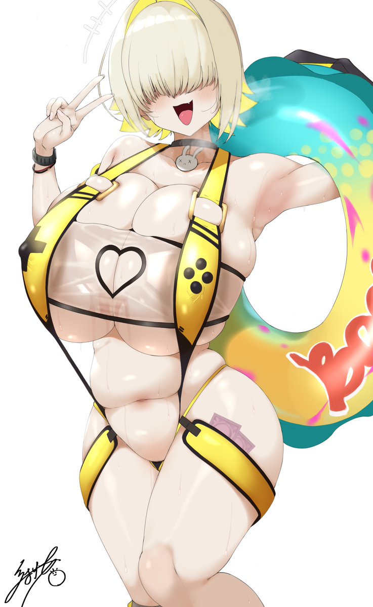 1girls, 2025, 2d, 2d (artwork), aizawa marimo, areolae, armpits, artist signature, ass, bangs, bare shoulders, belly, belly button, big ass, big breasts, big butt, bikini, blonde hair, bracelet, breasts, busty, choker, chubby, cleavage, collar, color, colored, condom, elegg (boom and shock) (nikke), elegg (nikke), fanart, female, full color, goddess of victory: nikke, hair over eyes, heart, hips, huge ass, huge breasts, huge butt, large ass, large breasts, large butt, light skin, light-skinned female, massive breasts, peace sign, pose, posing, shift up, sling bikini, steam, steamy breath, summer, thick thighs, thighs, titties, video game, video game character, voluptuous, voluptuous female, wet, wet body, wet skin
