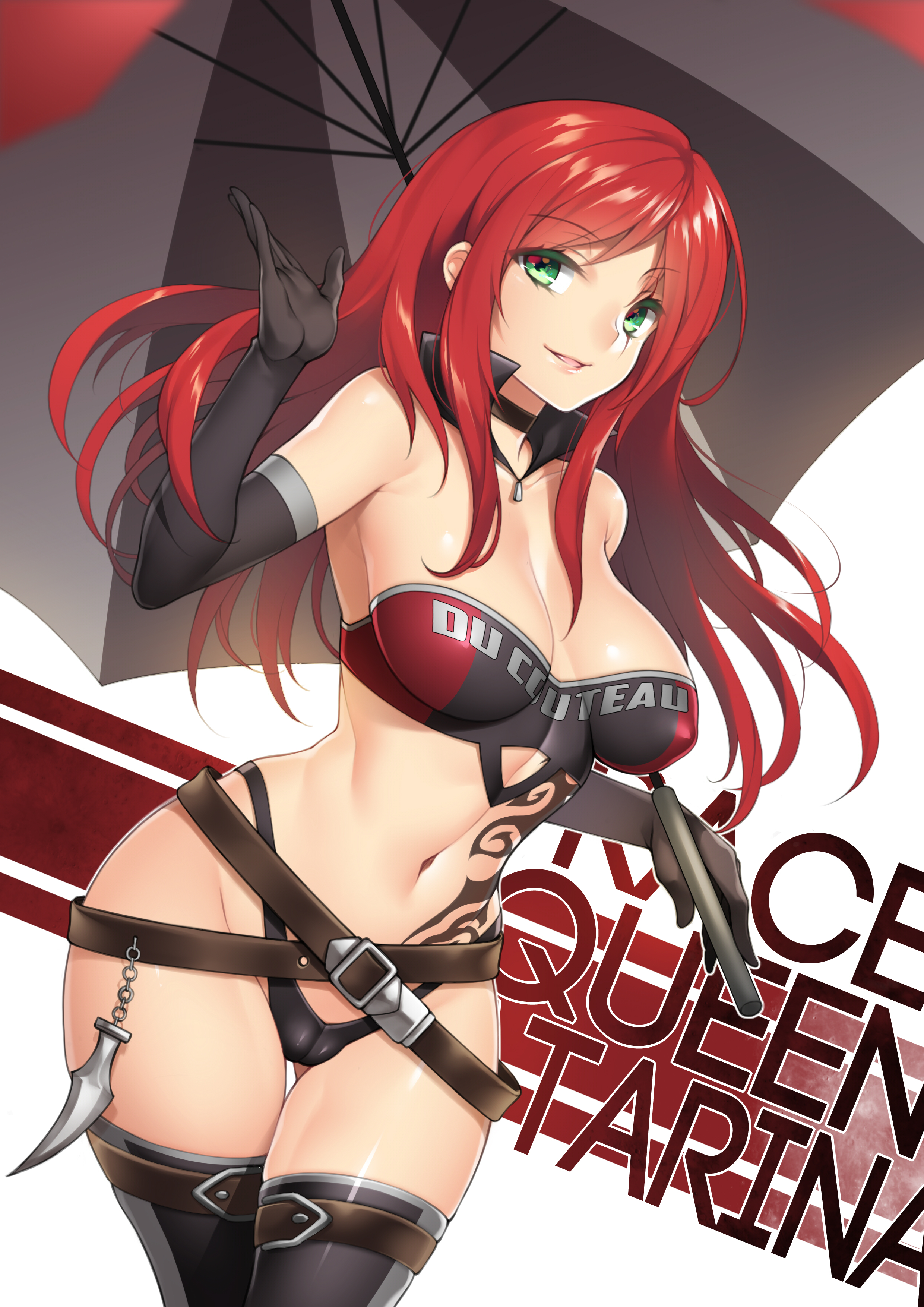 alternate costume, bare shoulders, breasts, cameltoe, cleavage, curvy, erect nipples, female, fuya (tempupupu), green eyes, katarina du couteau, league of legends, long hair, looking at viewer, navel, nipples, parted lips, pussy, race queen, red hair, smile, solo, standing, thighhighs, wide hips