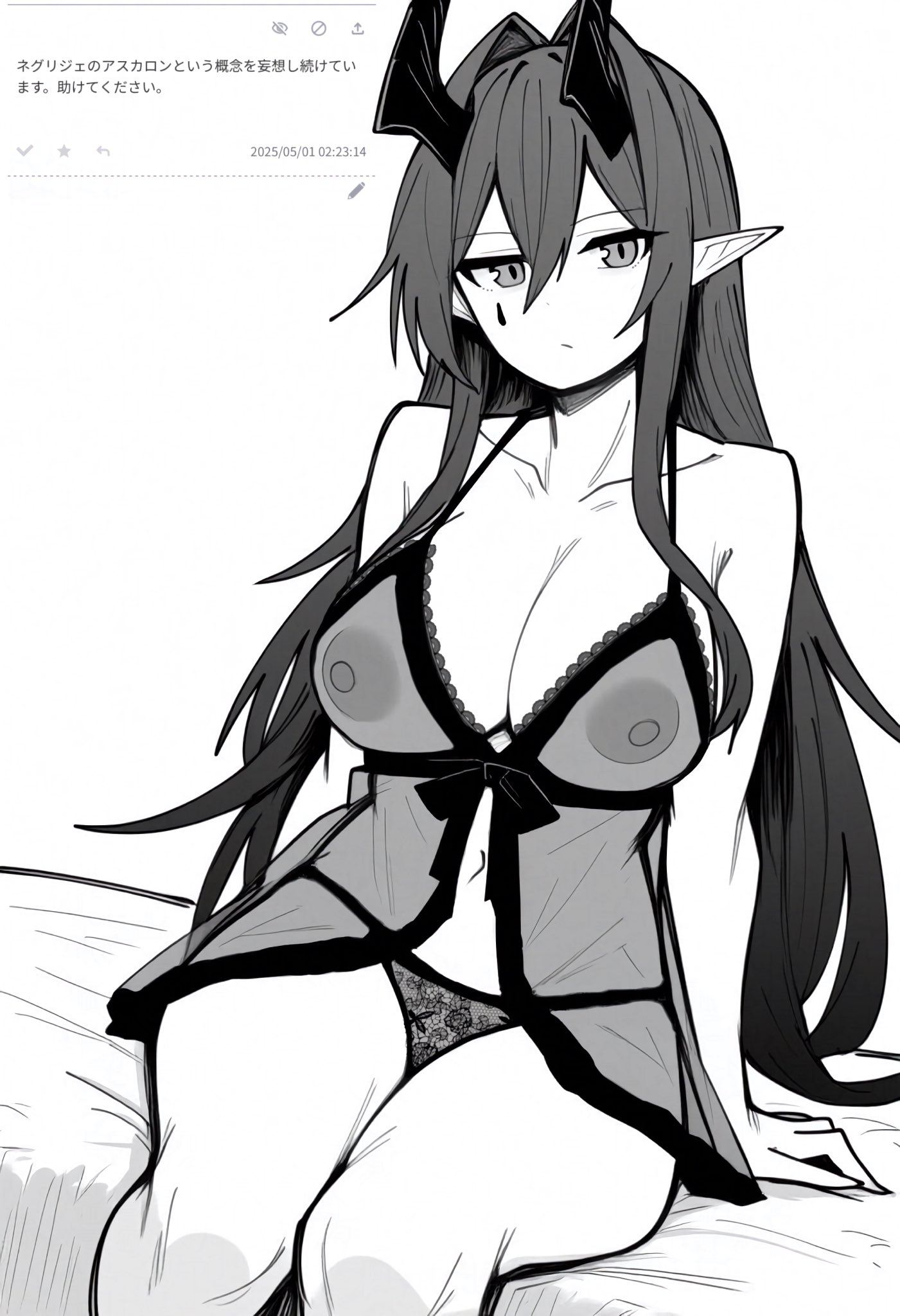 arknights, ascalon (arknights), breasts, female, horns, makigirisu, mole under eye, see-through, sketch