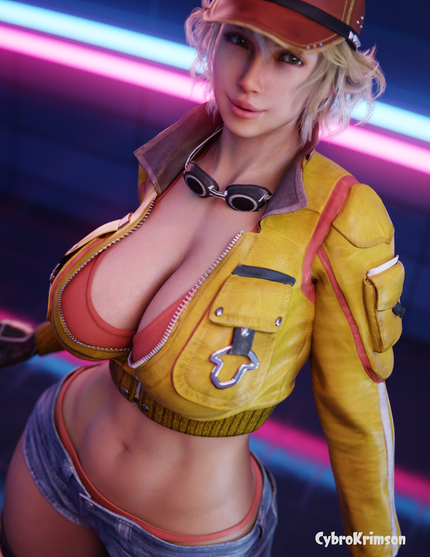 3d, big breasts, black gloves, blender, breasts, cindy aurum, cleavage, clothed, cybrokrimson, female, final fantasy, final fantasy xv, gloves, hat, huge breasts, jacket, realistic