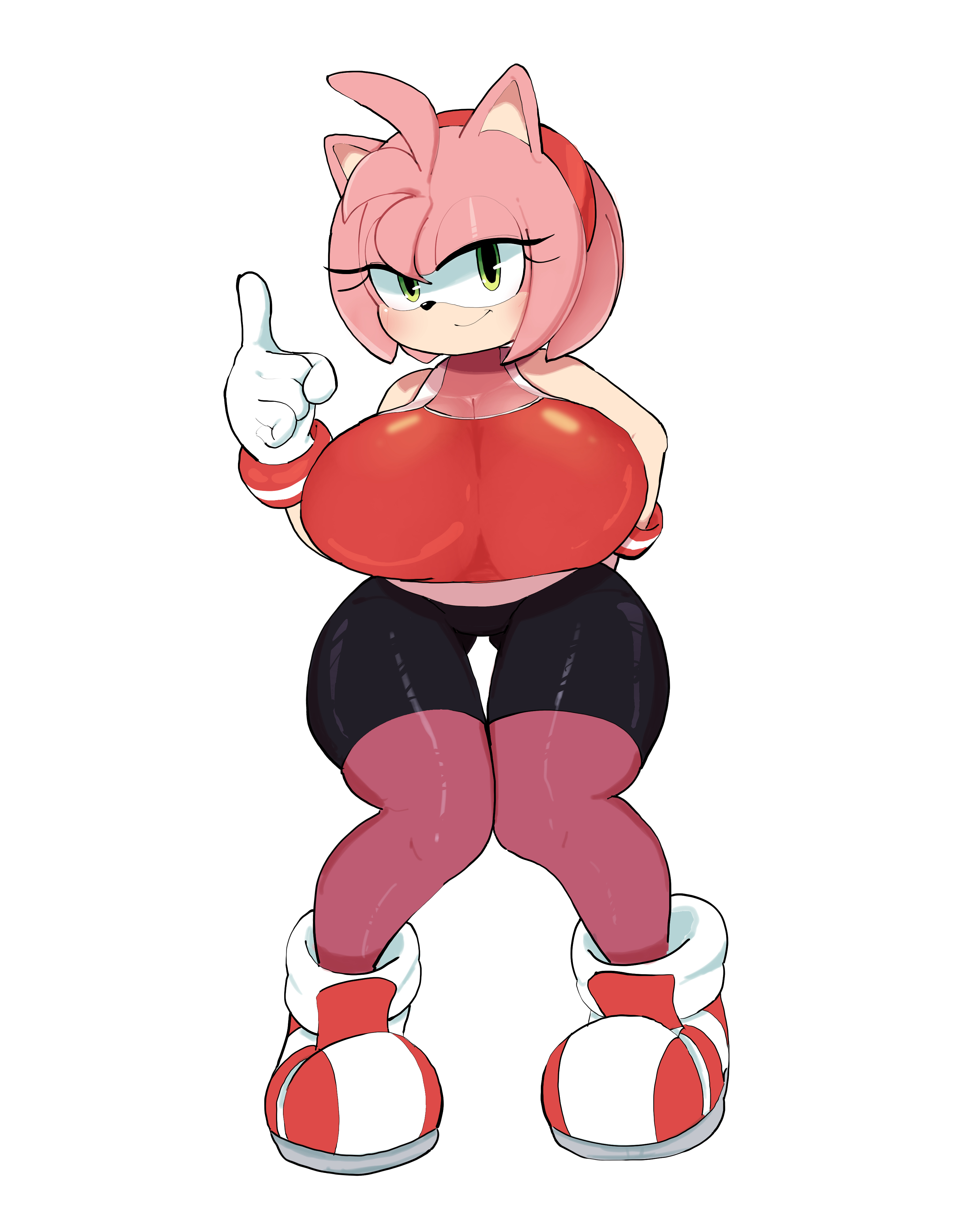 2024, 5 fingers, absurd res, abyss creature (artist), amy rose, anthro, ass, big breasts, bottomwear, breasts, butt from the front, clothing, digital drawing (artwork), digital media (artwork), eulipotyphlan, eyelashes, female, female anthro, fingers, footwear, front view, full-length portrait, glistening eyelids, gloves, green eyes, hair, handwear, hedgehog, hi res, huge breasts, knock-kneed, legwear, light body, light skin, looking at viewer, mammal, mouth closed, pink ears, pink hair, portrait, raised finger, red clothing, red topwear, sega, shoes, simple background, solo, sonic (series), sonic the hedgehog (series), thigh gap, topwear, white background, white clothing, white gloves, white handwear, wide hipped anthro, wide hipped female, wide hips