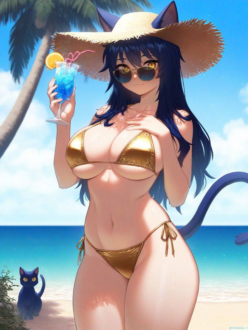 beach bikini catgirl gold_bikini snezha tagme