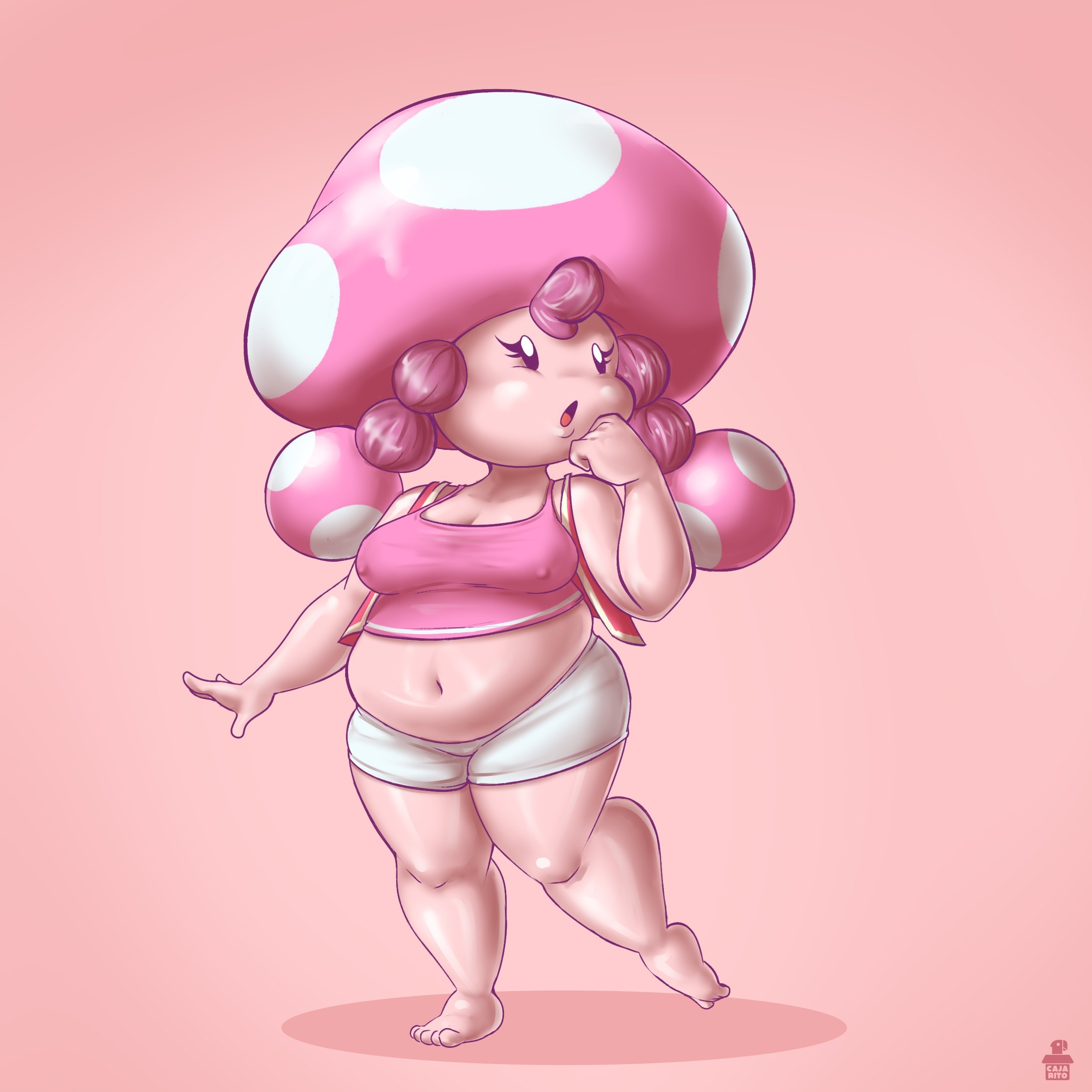 1:1, 1girls, alternate version available, anthro, bare shoulders, barefoot, big thighs, breasts, cajarito, chubby, chubby female, cleavage, clothed, clothing, cute, female, female only, light skin, light-skinned female, mario (series), medium breasts, midriff, mob face, mushroom, mushroom humanoid, nintendo, nipples, nipples visible through clothing, no nose, open mouth, pale skin, pale-skinned female, pink background, pink hair, pink topwear, red vest, short, shorts, shortstack, simple background, slightly chubby, smooth skin, solo, thick, thick hips, thick thighs, toadette, topwear, twintails, vest, white shorts, wide hips