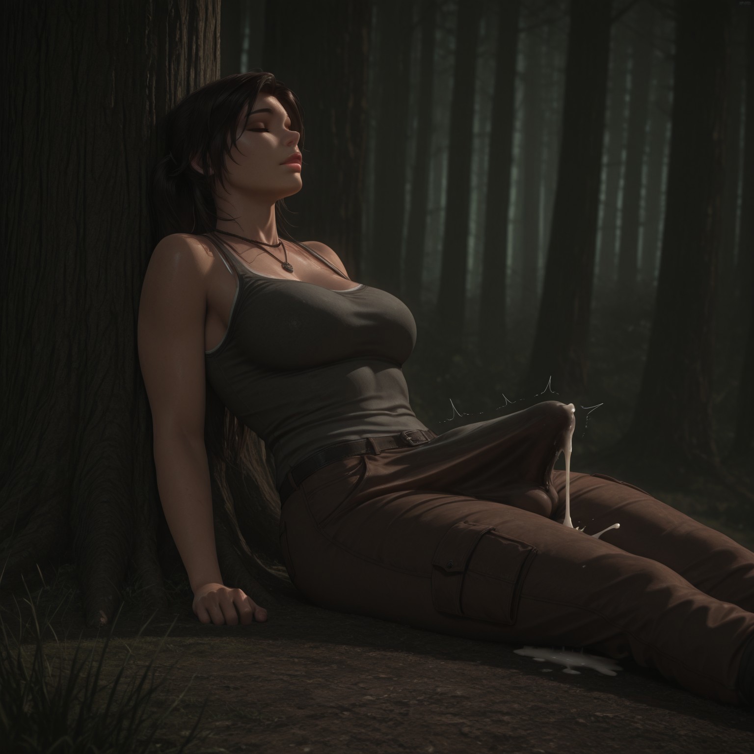 1futa, against tree, ai generated, balls, big breasts, big penis, breasts, brown hair, bulge, bulge through clothing, civitai, cleavage, closed eyes, clothed futa, cum, cum drip, cum through, cum through clothes, erection, erection under clothes, forest, fully clothed, futa only, futanari, futazealot, hands-free, handsfree ejaculation, intersex, lara croft, lara croft (survivor), penis, solo, tank top, tomb raider, tomb raider (survivor)
