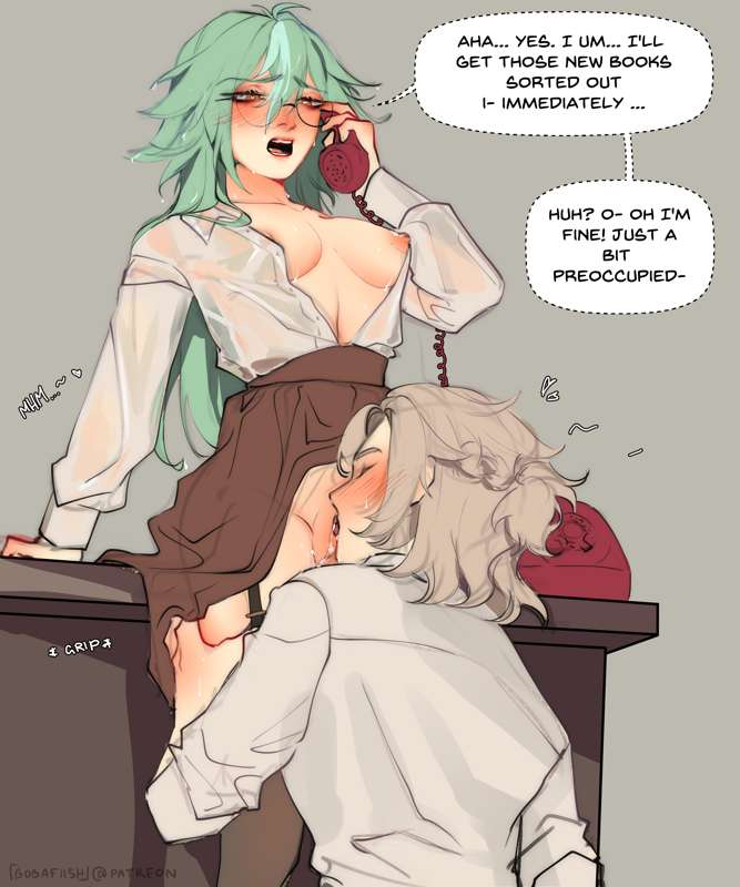 albedo (genshin impact), blonde hair, bobafiish, female, genshin impact, green hair, male, sucrose (genshin impact)