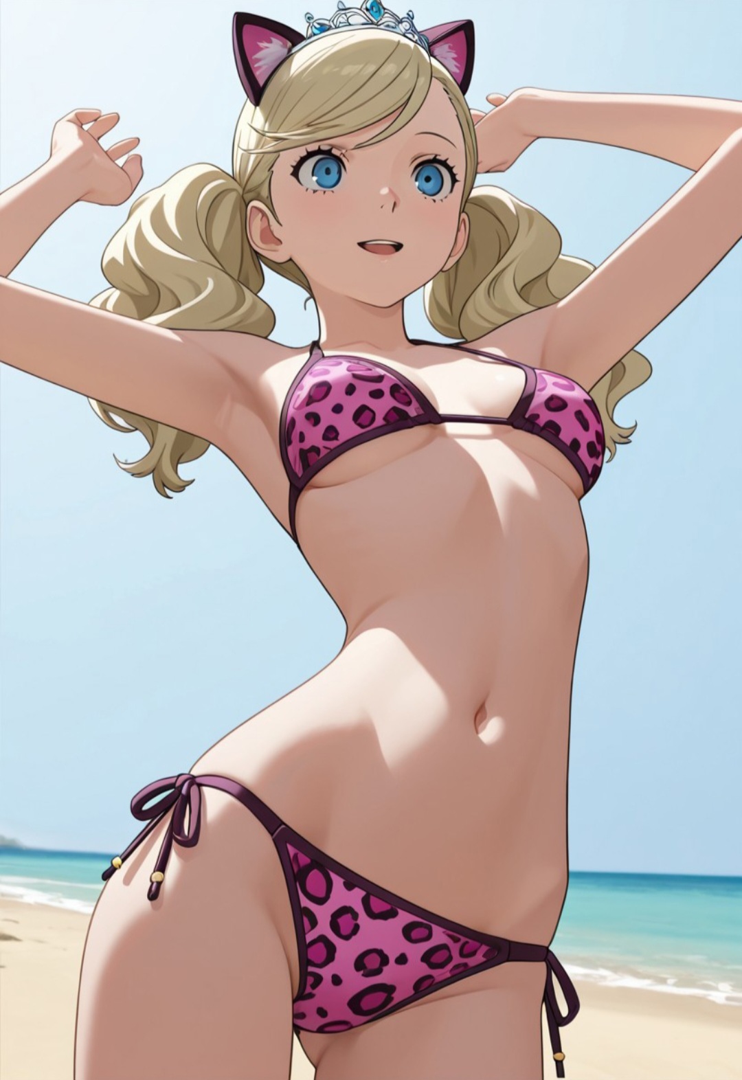 ai generated, ann takamaki, arms up, bikini, blonde hair, blue eyes, cat ears, female, happy, leopard print, low-angle view, navel, persona, persona 5, pink bikini, skinny, slim waist, tiara, twintails