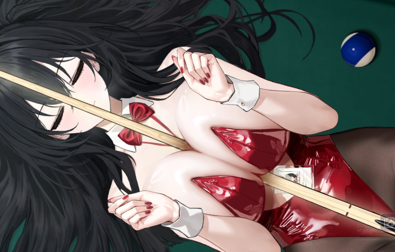 azur lane, billiard ball, billiard table, black hair, breasts, bunny ears, bunnysuit, cleavage, closed eyes, cue stick, female, game cg, gigantic breasts, huge breasts, id card, laying on back, messy hair, object between breasts, official art, on back, paizuri, paizuri invitation, pantyhose, red bunnysuit, red nails, screenshot, squeezing breast, taihou (azur lane), taihou (fun on the baize) (azur lane), tie