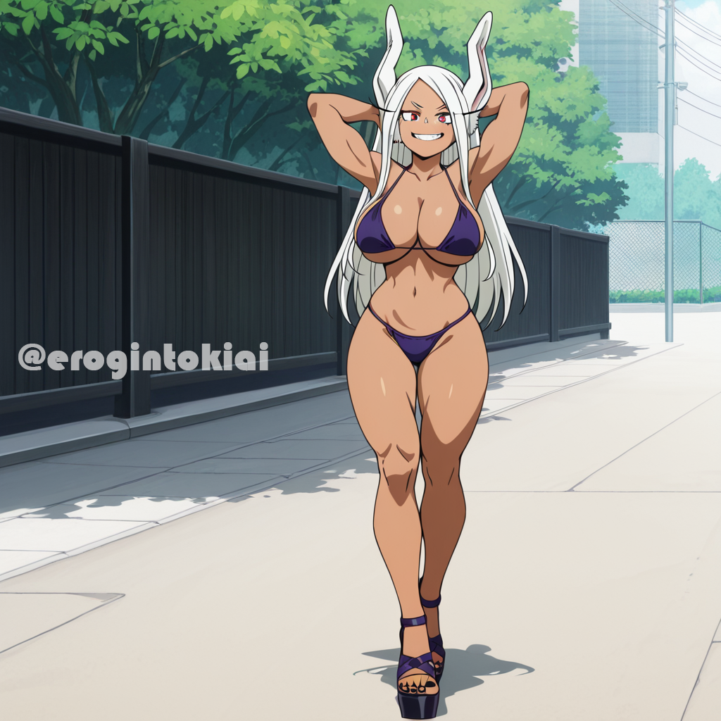 "artist: "character:rumi_usagiyama big_breasts brown_hair brown_skin brown_skinned_female dark-skinned_female dark_skin erogintokiai fit_female high_heels huge_breasts mirko muscular_female platform_heels purple_bikini rabbit_ears rumi_usagiyama shiny_body shiny_clothes smile smug_face standing tagme thick_ass thick_legs walking