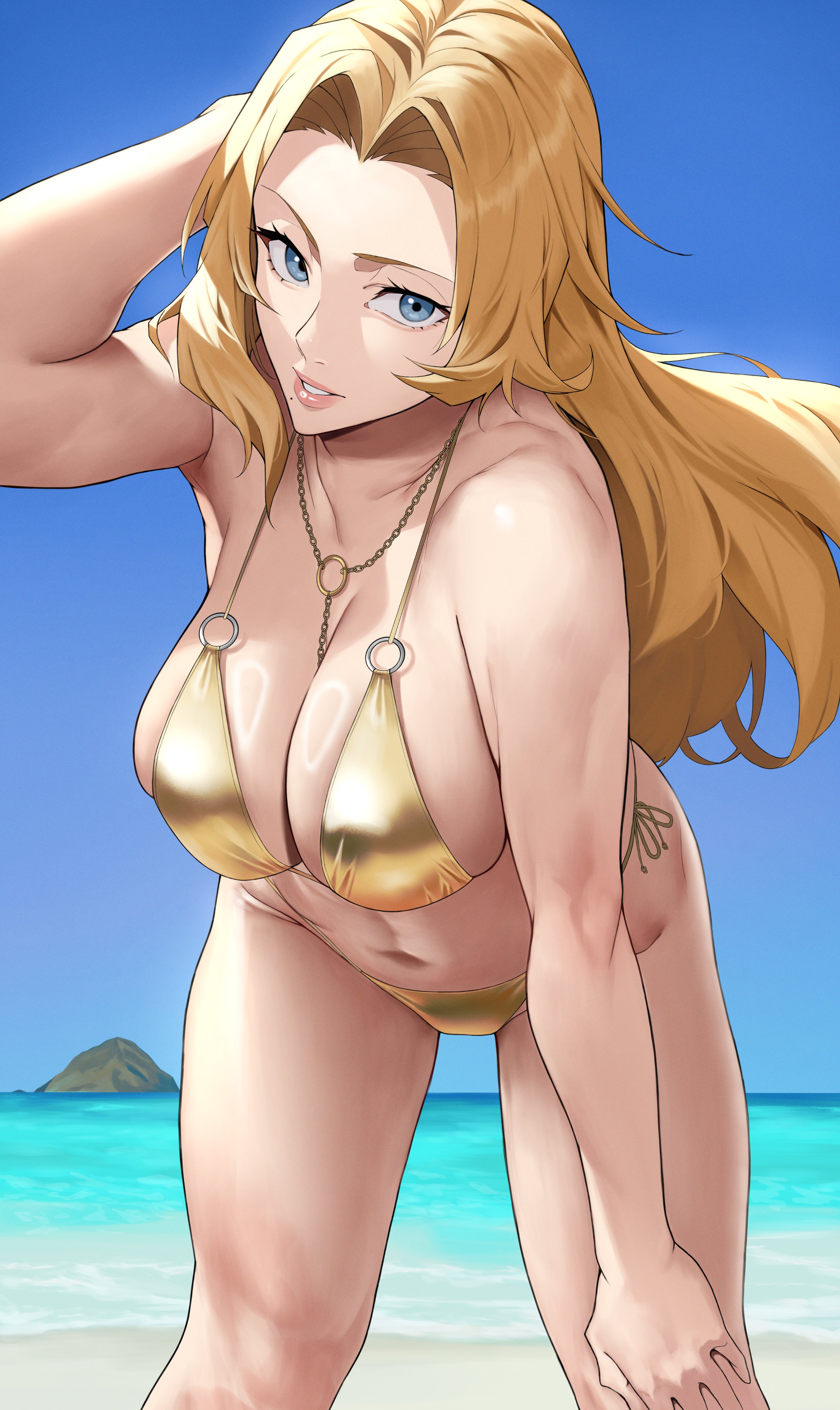 1girls, absurdres, adjusting hair, beach, bent over, big breasts, bikini, bleach, blonde hair, blue eyes, blue sky, breasts, cleavage, defined nose, fat breasts, female, female only, flat belly, gold bikini, gold swimsuit, hand on own knee, highres, huge breasts, jewelry, large breasts, light-skinned female, long hair, matsumoto rangiku, mole, mole under mouth, navel, necklace, ocean, orange hair, outdoors, parted lips, ring light reflection, sand, side-tie bikini bottom, sky, smile, solo, swimsuit, water, yoshi55level, yoshio (55level)
