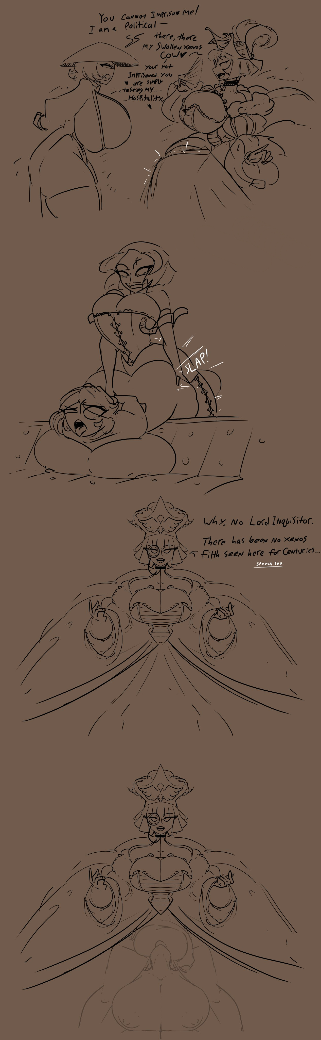 1futa, 1girls, alien, alien girl, alien humanoid, arms behind back, asian clothing, ass, balls, balls worship, big ass, big balls, big breasts, big dress, bondage, boob window, breasts, breasts bigger than head, breasts bigger than torso, bulge, bulge through clothing, bulge under clothes, captive, captured, cleavage, cleavage window, collar, corset, dialogue, dress, english, english text, fancy clothing, female, femsub, futa on female, futanari, hat, hidden, hidden sex, huge balls, huge breasts, huge cock, human, humanoid, imperium of man, intersex, jakearmorsmith, japanese clothes, kimono, large breasts, licking balls, monocle, noble, noblewoman, offscreen character, overflowing breasts, penis, pushed down, restrained, robe, robes, rogue trader, royal, royalty, sex, sex under clothes, sex under skirt, slave, smirk, smug, smug face, smug grin, smug smile, staff, stealth sex, table, tau, text, thick thighs, thigh highs, thighhighs, under dress, warhammer (franchise), warhammer 40k, wide hips, worship, worshiping