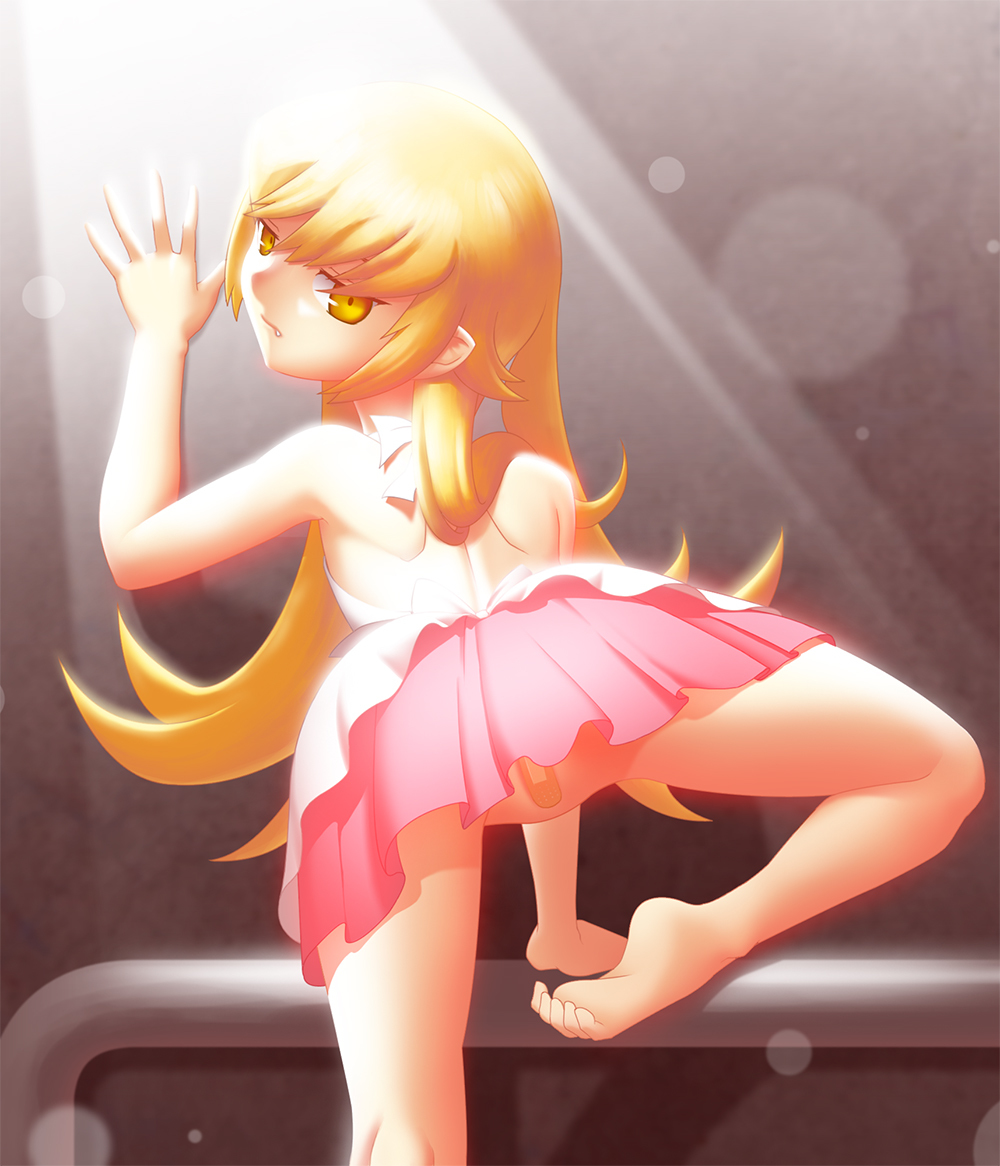 bandaid_on_pussy barefoot blonde_hair cute_fang dress from_behind geworin looking_back monogatari_(series) oshino_shinobu soles solo toes yellow_eyes