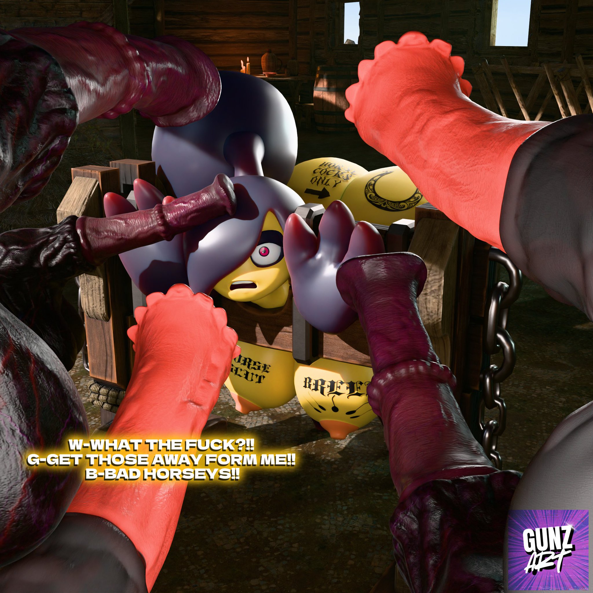 3d, blender, cybergunart, equine genitalia, horse, horsecock, horseshoe tattoo, imminent gangbang, imminent gangrape, imminent rape, imminent sex, male, mawee, mawile, penis, pillory, pokemon, pokemon (species), scared, stable, surrounded by penises, tagme, tattoo, tattoos