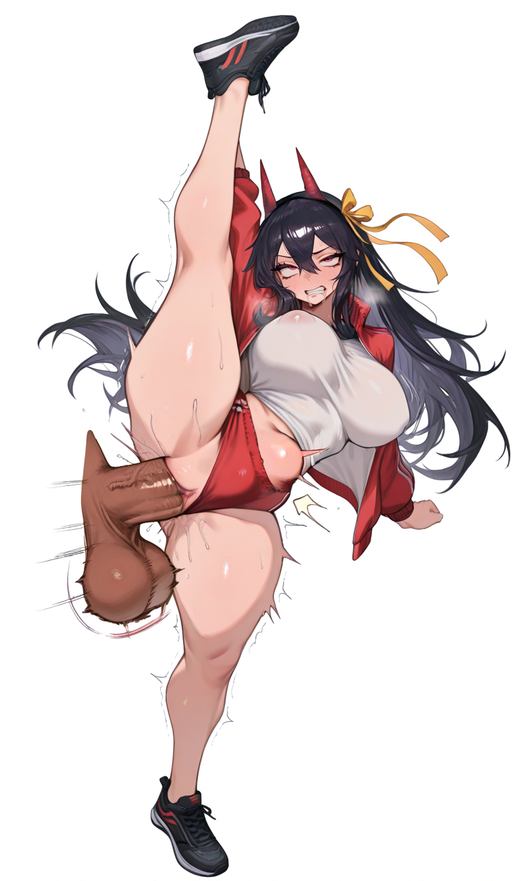 30bagsofballs ai_generated athletic big_balls big_breasts big_penis black_hair black_sneakers bloomers brown_dust_(series) brown_dust_2 curvy demon_girl detached_penis devil_horns drooling female female fit floating_penis full_body headband horns huge_breasts huge_cock impact_lines leg_raised leg_up levia_(brown_dust) long_hair looking_up movement_lines no_background plump red_bloomers red_eyes red_jacket ribbon rough_sex shivering simple_background sneakers standing standing_on_one_leg standing_sex standing_split steaming_body stomach_bulge straight sweat sweating sweaty teeth teeth_clenched track_and_field track_jacket track_uniform very_long_hair white_background white_shirt yellow_ribbon