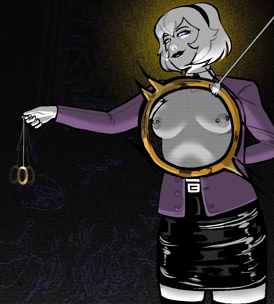 black lipstick, homestuck, looking at viewer, no bra, pencil skirt, pierced nipples, piercings, rose lalonde, short skirt, soldierexclipse, x-ray, x-ray view