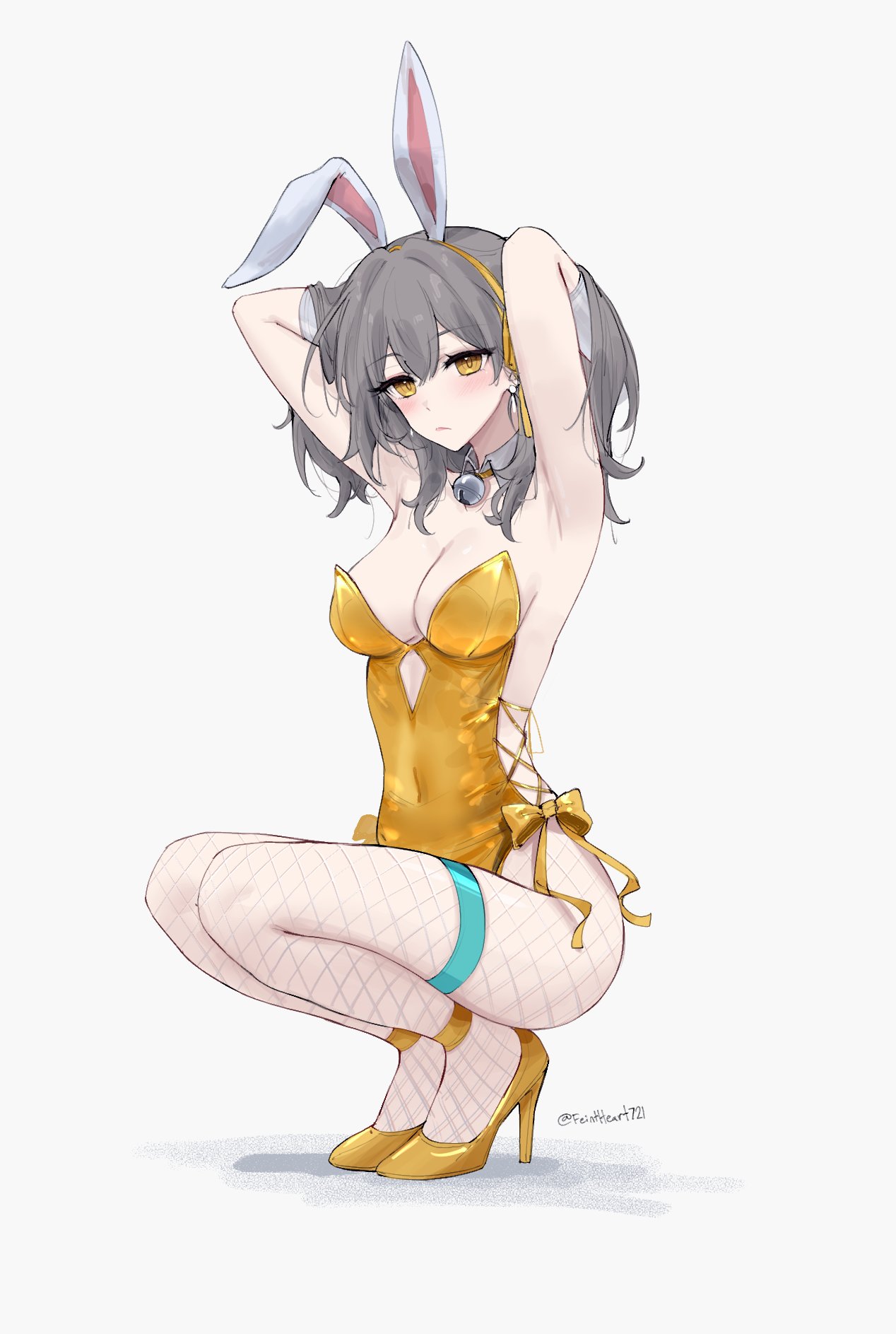 1girls, blush, bunny ears, bunnysuit, feintheart721, female, fishnets, grey hair, high heels, honkai: star rail, stelle (honkai: star rail), thighband, trailblazer (honkai: star rail), white background, yellow bunnysuit, yellow eyes, yellow high heels