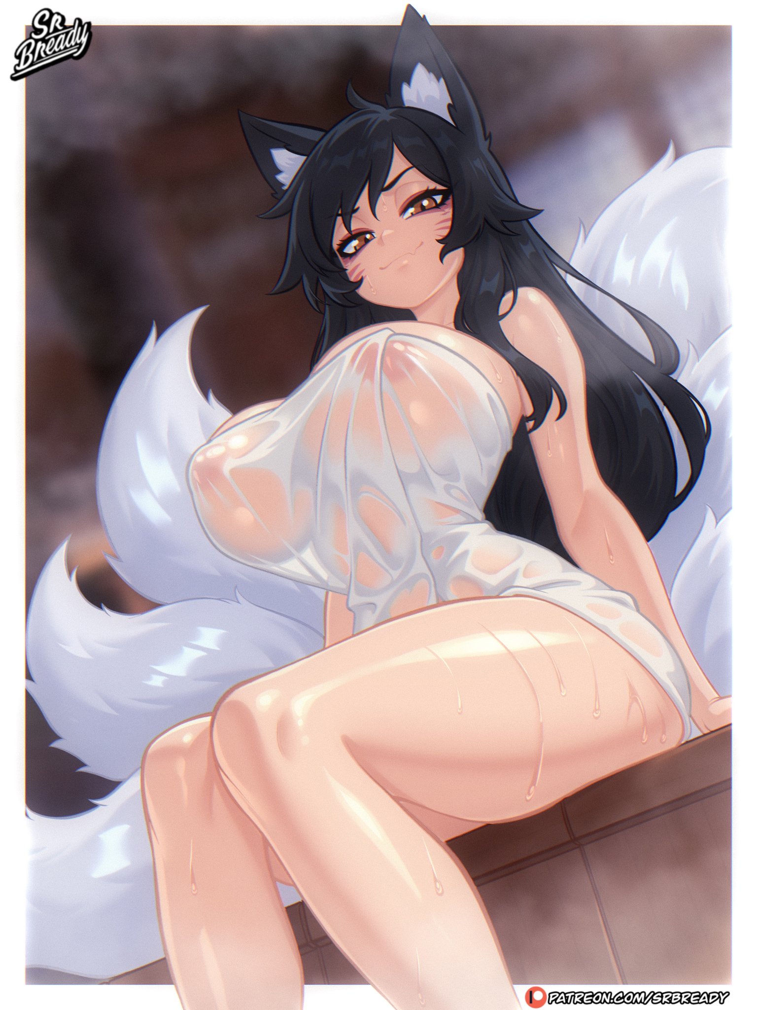 1girls, ahri, ahri (league of legends), black hair, face markings, fangs, female, fox ears, fox tail, hourglass figure, indoors, kemonomimi, large breasts, league of legends, light-skinned female, lip fang, long hair, looking at viewer, patreon, patreon link, patreon logo, patreon url, patreon username, riot games, see-through, see-through clothing, slim waist, smirking, smirking at viewer, solo, srbready, steam, tail, thick thighs, towel, towel only, vastaya, wet, wet body, wet skin, wet towel, yellow eyes