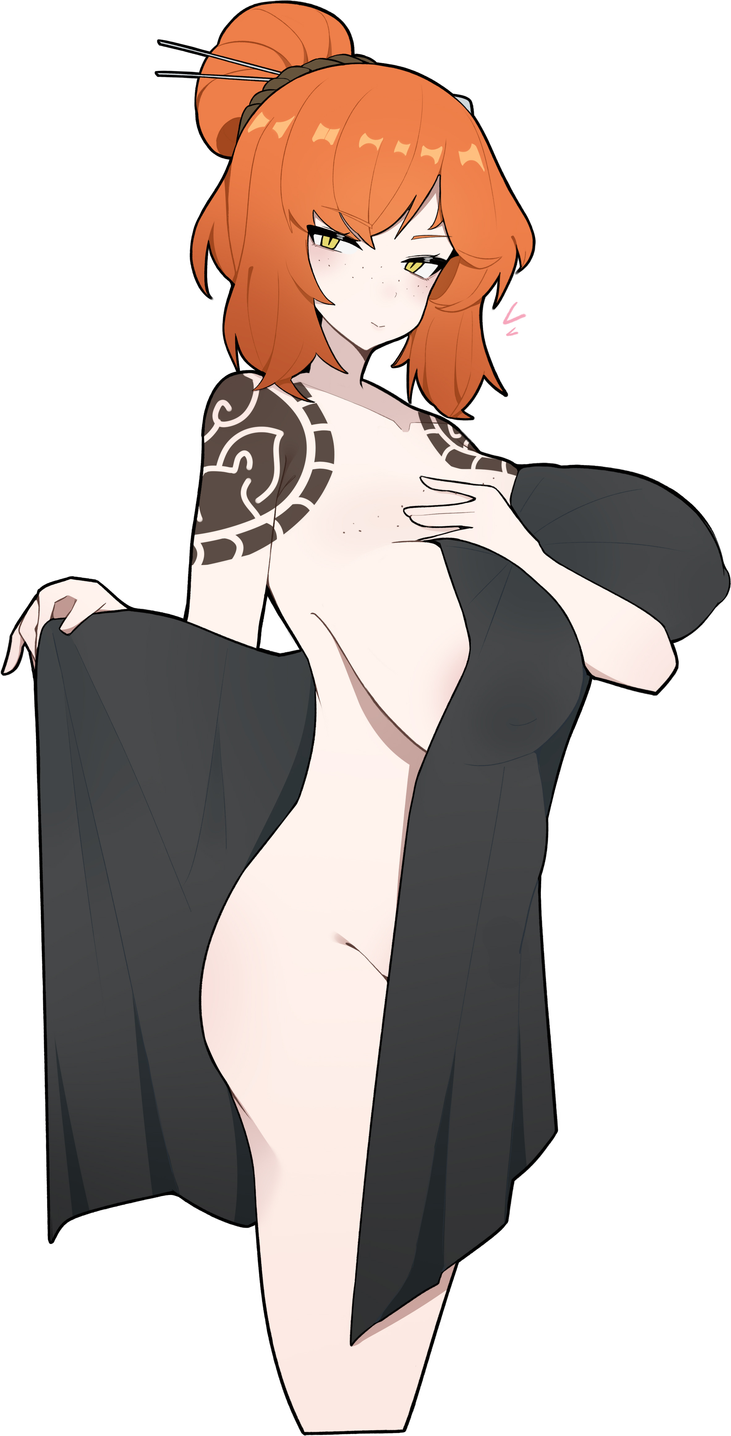 big breasts, breasts, cheesefishball (37475319), curvy, female, inviting to sex, irezumi, ishmael (limbus company), kurokumo clan (identity) (project moon), limbus company, project moon, smiling, tagme, tattoo, towel only, yakuza tattoo