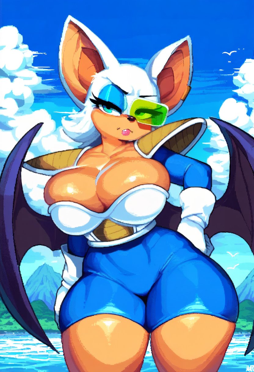 2d, ai generated, alternate outfit, anthro, big breasts, breasts, bulging breasts, bursting breasts, cleavage, cosplay, dragon ball z, eyelashes, eyeshadow, female, female only, fur, furry, furry only, green eyes, hand on hip, makeup, mobian, mobian (species), mobian bat, narrowed eyes, rouge the bat, saiyan armor, scouter, sega, sonic (series), sonic adventure 2, sonic the hedgehog (series), sudospritez, thick thighs, tinted eyewear, wings