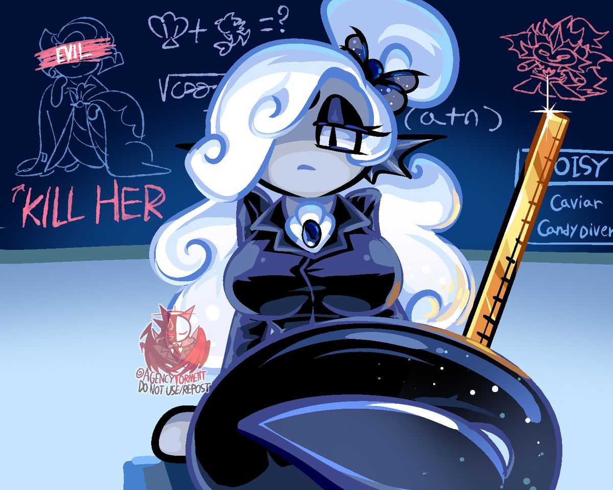 agencytorment, big breasts, black eyeshadow, black pearl cookie, breasts, chalkboard, classroom, cookie run, cookie run kingdom, devsisters, female, female focus, fin ears, gem mermaid, gem on forehead, hair over one eye, long eyelashes, long hair, merfolk, mermaid, mermaid girl, mermaid tail, oyster cookie, pitaya dragon cookie, ruler, slit pupils, source request, tagme, teacher outfit, white hair