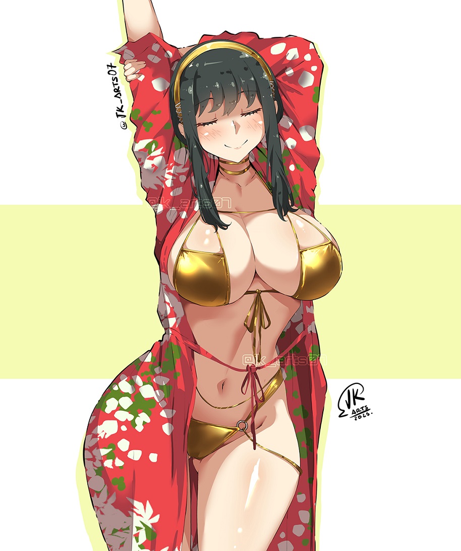 1girls, arm up, big breasts, bikini, black hair, breasts, closed eyes, commentary, cowboy shot, english commentary, eyepatch bikini, female, female human, fit female, gold bikini, gold hairband, golden bikini, hairband, hourglass figure, human, jk arts, jk arts07, large breasts, mature female, navel, pale-skinned female, short hair, slim waist, smile, solo, spy x family, stomach, swimsuit, swimsuit cover-up, thick thighs, thighs, twitter username, two-tone background, wide hips, yor briar, yor forger