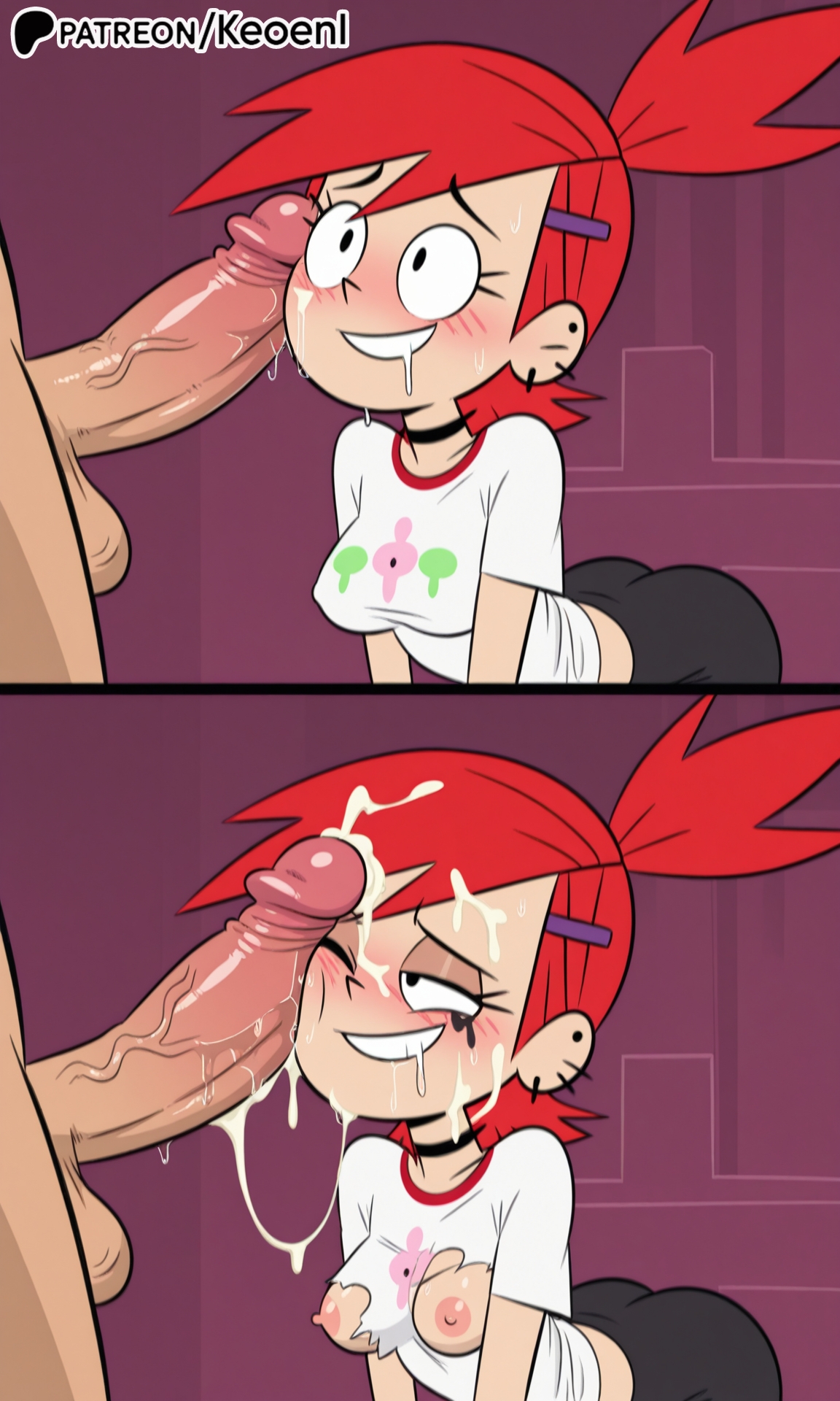 1boy, 1girls, accurate art style, after fellatio, after oral, ai generated, all fours, ass, bedroom, before and after, big ass, big breasts, black eyes, blush, breasts, cartoon network, choker, cum, cum in mouth, cum on face, dick, drooling, exposed breasts, fellatio, female, foster's home for imaginary friends, frankie foster, hair ornament, hard nipples, hi res, horny, huge cock, keoenl, light skin, light-skinned female, light-skinned male, male, masturbation, medium breasts, nipples, one eye closed, orgasm, panels, patreon, penis, ponytail, red hair, shirt, skirt, solo, solo female, solo focus, teeth, torn clothes