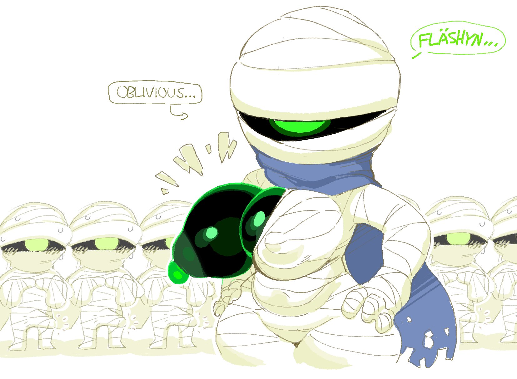 1girls, 2025, 6boys, bandage, big breasts, blush, breasts, breasts out, dialogue, erection, female, goatboydraws, green eyes, group, hands on hips, hi res, humanoid, male, nuclear throne, oblivious, rebel (nuclear throne), scarf, see-through, see-through clothing, standing, thick thighs, thighs, unaware, wardrobe malfunction
