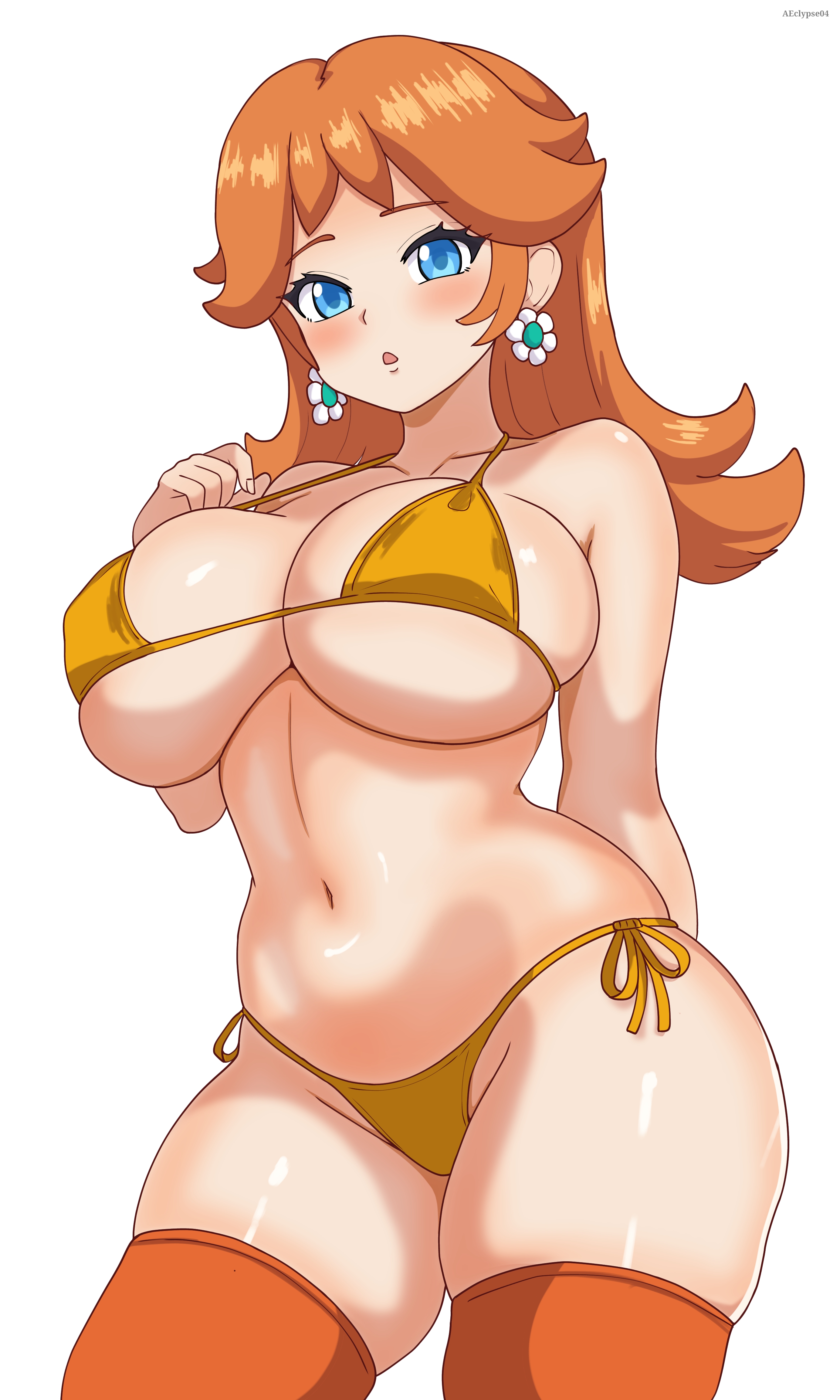 1girls, absurdres, arm behind back, bare arms, big breasts, bikini, blue eyes, breasts, brown hair, busty, child bearing hips, cleavage, collarbone, daisy (flower), earrings, eclypse, flower, flower earrings, hand on own chest, highres, jewelry, large breasts, long hair, looking at viewer, mario (series), mixed-language commentary, navel, nintendo, open mouth, orange hair, orange thighhighs, pose, posing, princess daisy, side-tie bikini, side-tie bikini bottom, side-tie bottom, sidelocks, simple background, standing, swimsuit, thighhighs, thighs, thong bikini, voluptuous, white background