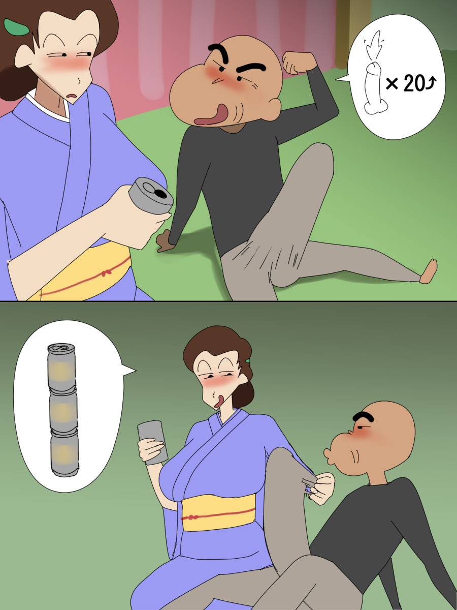 1boy 1girls age_difference aged_up alcohol bald beer beer_can blush breasts brown_hair bulge can clothed clothed_female clothed_male clothes clothing crayon_shin-chan drink_can erection erection_under_clothes female ginnosuke_nohara highres huge_cock kohuni large_breasts long_hair looking_at_penis male male/female musae_koyama old old_man open_smile penis sitting size_difference speech_bubble