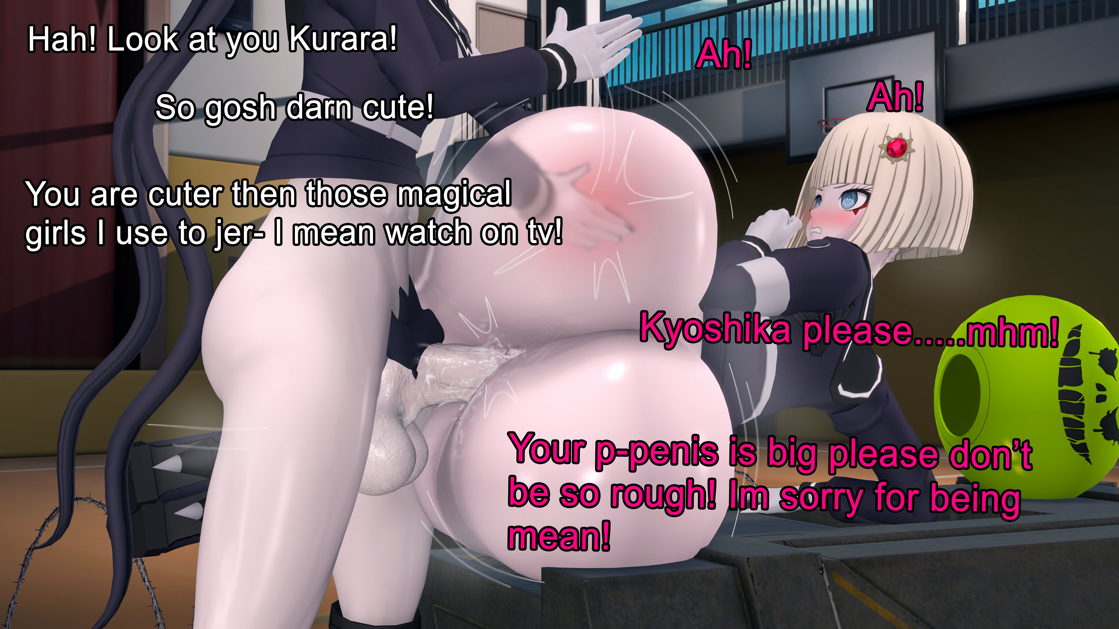 3d, ass, ass slap, big ass, corkscrew position, english text, female, futa on female, futanari, huge ass, intersex, kyoshika magadori, light skin, light-skinned female, light-skinned futa, magadori kyoushika, oosuzuki kurara, oosuzuki kurara (unmasked), penis size talk, rape, sex, size talk, text, the hundred line -last defense academy-, theboobedone, uncensored