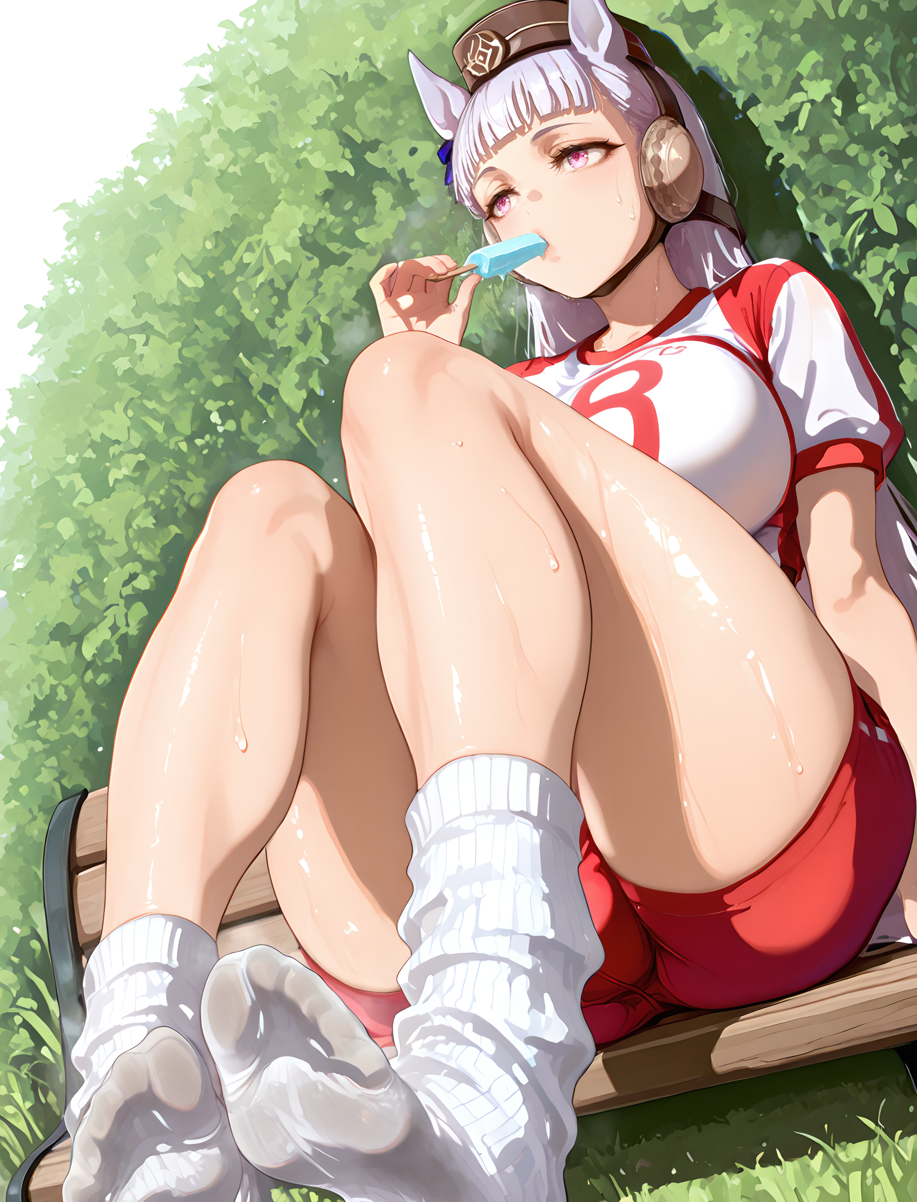 ai generated, animal ears, big ass, big breasts, breasts, dirty socks, eating ice cream, fatass, feet, foot fetish, foot focus, futanari, gold ship (umamusume), ice cream, intersex, large breasts, long hair, mayyreel, outdoors, pink eyes, red eyes, socks, sweat, thick thighs, umamusume, umamusume pretty derby, white hair