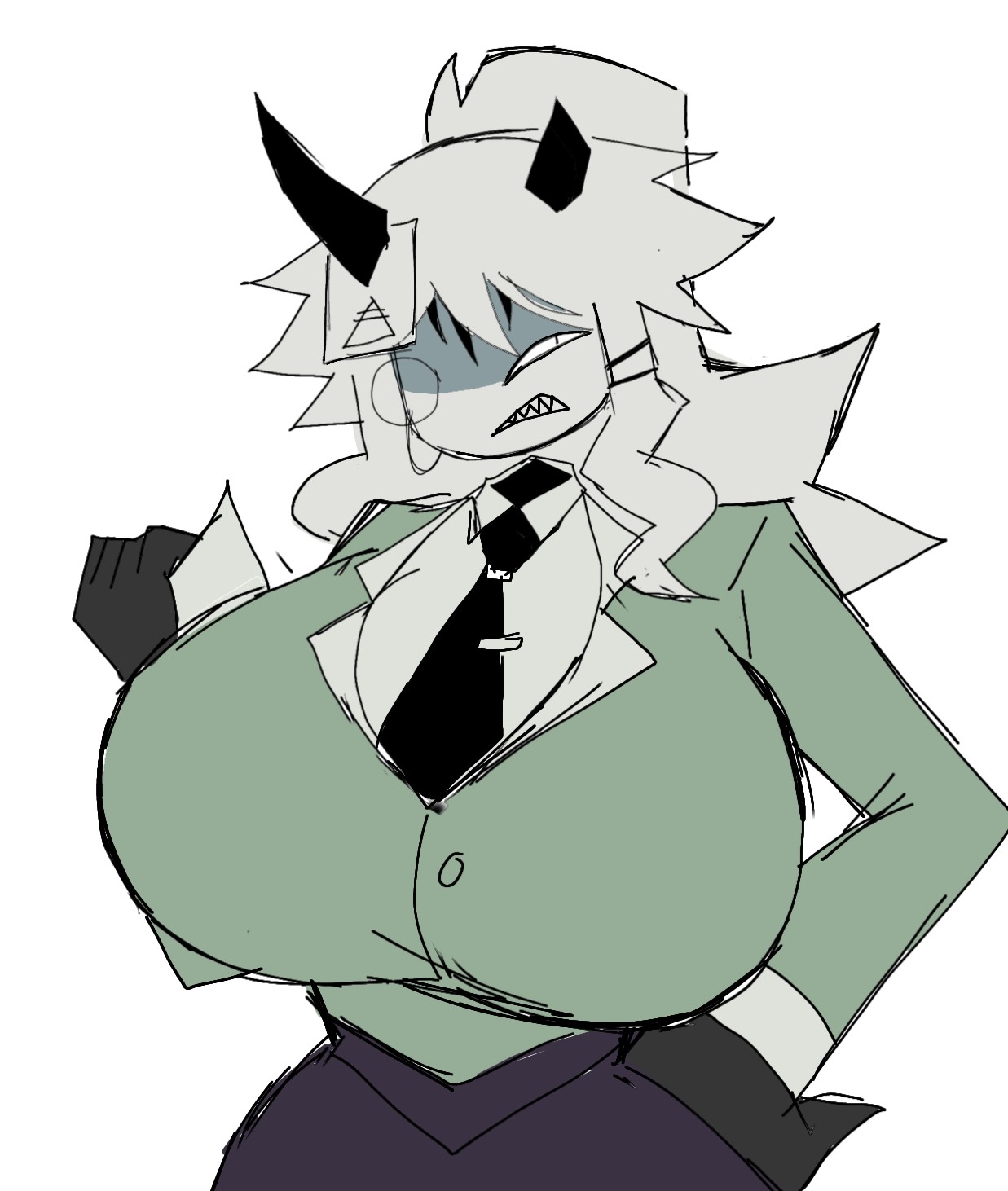 1girls, 2025, 5 fingers, angry, angry face, big breasts, boobies, boobs, breasts, breasts bigger than head, busty, enormous breasts, female, female only, fpe, fundamental paper education, giant breasts, gigantic breasts, ginormous breasts, green clothing, hand on hip, hand on own hip, horns, humanoid, humongous breasts, hyper breasts, kaaatie, large breasts, light skin, light-skinned female, long hair, looking at viewer, massive breasts, miss grace (fundamental paper education), momiji (artist), monocle, paper, ponytail, sharp teeth, simple background, simple shading, slim waist, tits, titties, white body, white hair, wide hips