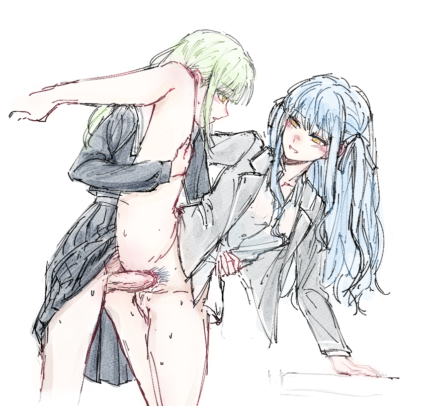 2girls bang_dream! bang_dream!_it's_mygo!!!!! blue_hair blue_shirt blue_skirt bottomless chinese_commentary commentary_request dress_shirt female female_pubic_hair futa_with_female futanari green_hair grey_jacket haneoka_school_uniform intersex jacket long_hair long_sleeves mixed-language_commentary multiple_girls partial_commentary penis pleated_skirt pubic_hair qm_dvn school_uniform sex shirt sidelocks simple_background skirt standing standing_on_one_leg sweat togawa_sakiko tsukinomori_school_uniform wakaba_mutsumi white_background white_shirt