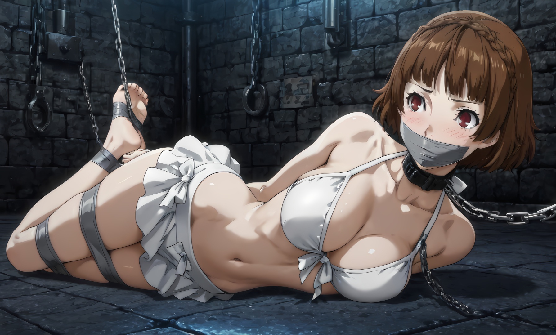 ai generated, athletic female, barefoot, bondage, brown hair, chain leash, chains, cleavage, duct tape, dungeon, female, gagged, makoto niijima, navel, persona, persona 5, red eyes, short hair, skinny, slave collar, swimsuit, tied up, unhappy female