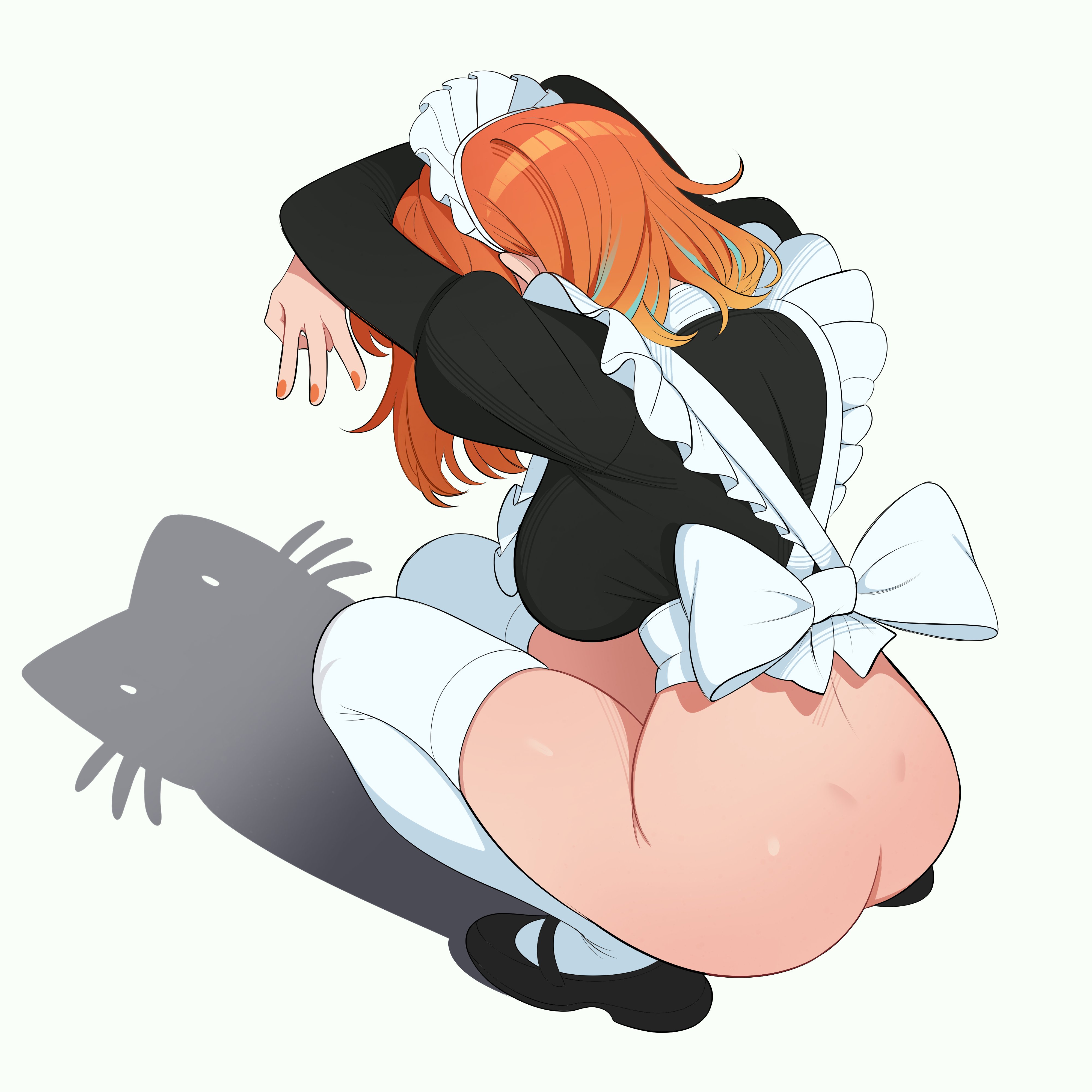1girls, absurd res, absurd resolution, absurdres, anna (maidcousin), aqua hair, ass, ass focus, big ass, big breasts, big butt, bird's-eye view, black shoes, bottomless, breasts, cat shadow puppet (meme), commentary, crouching, crouching female, curvaceous, curvy, curvy female, curvy figure, female, female focus, female only, frills, from behind, full body, hi res, high resolution, high-angle view, highres, juliet sleeves, large ass, large breasts, light skin, light-skinned female, long sleeves, maid, maid headdress, maid outfit, maid uniform, maidcousin, mary janes, medium hair, meme, meme reference, multicolored hair, nail polish, no panties, no pants, no underwear, oc, orange hair, orange nails, original, original character, pose, posing, puffy sleeves, reference, shadow, shadow puppet, shoes, sideboob, simple background, solo, solo female, solo focus, squatting, tagme, thighhighs, two-tone hair, viewed from above, voluptuous, voluptuous female, white background, white legwear, white thighhighs