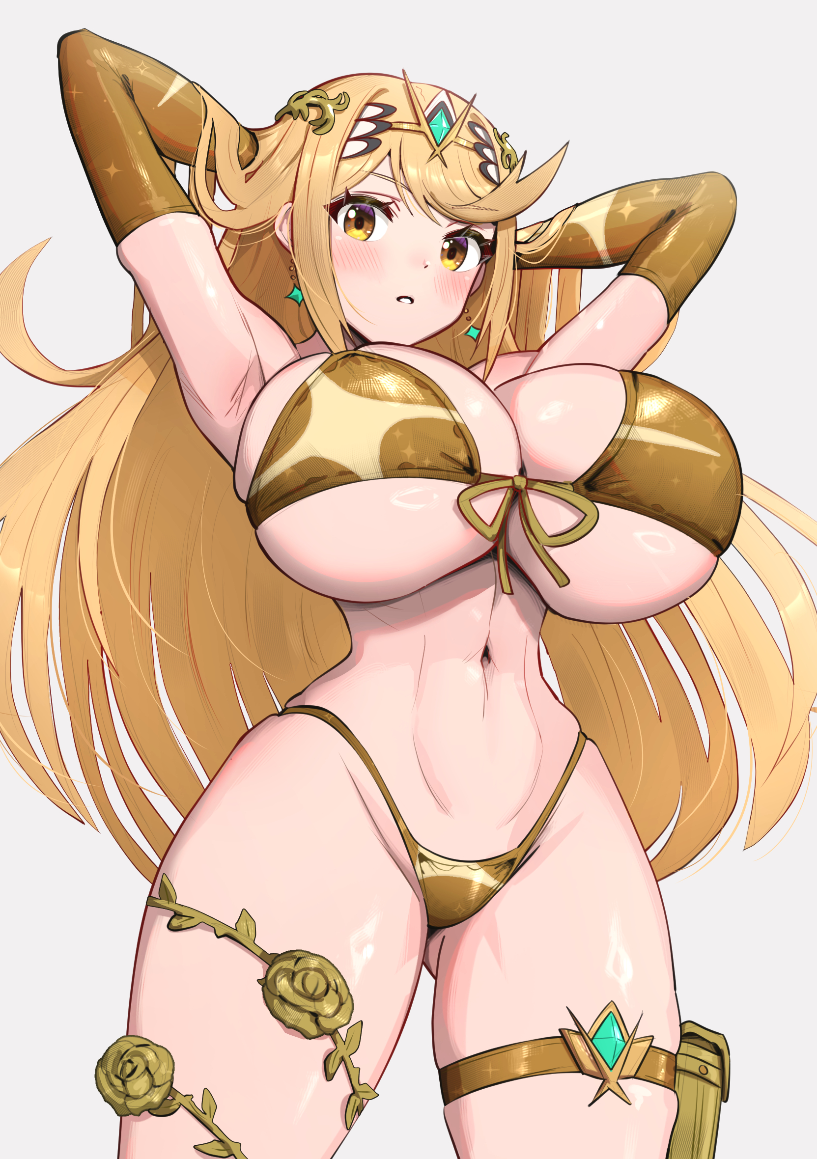 1girls, armpits, arms up, bikini, blonde hair, breasts, cleavage, earrings, embarrassed, female, female only, giant breasts, gold bikini, gonzarez, highres, hips, hourglass figure, huge breasts, large breasts, long hair, looking at viewer, looking down, milf, monolith soft, mythra, nintendo, solo, thick thighs, thigh strap, thighs, very long hair, wide hips, xenoblade (series), xenoblade chronicles 2, yellow eyes
