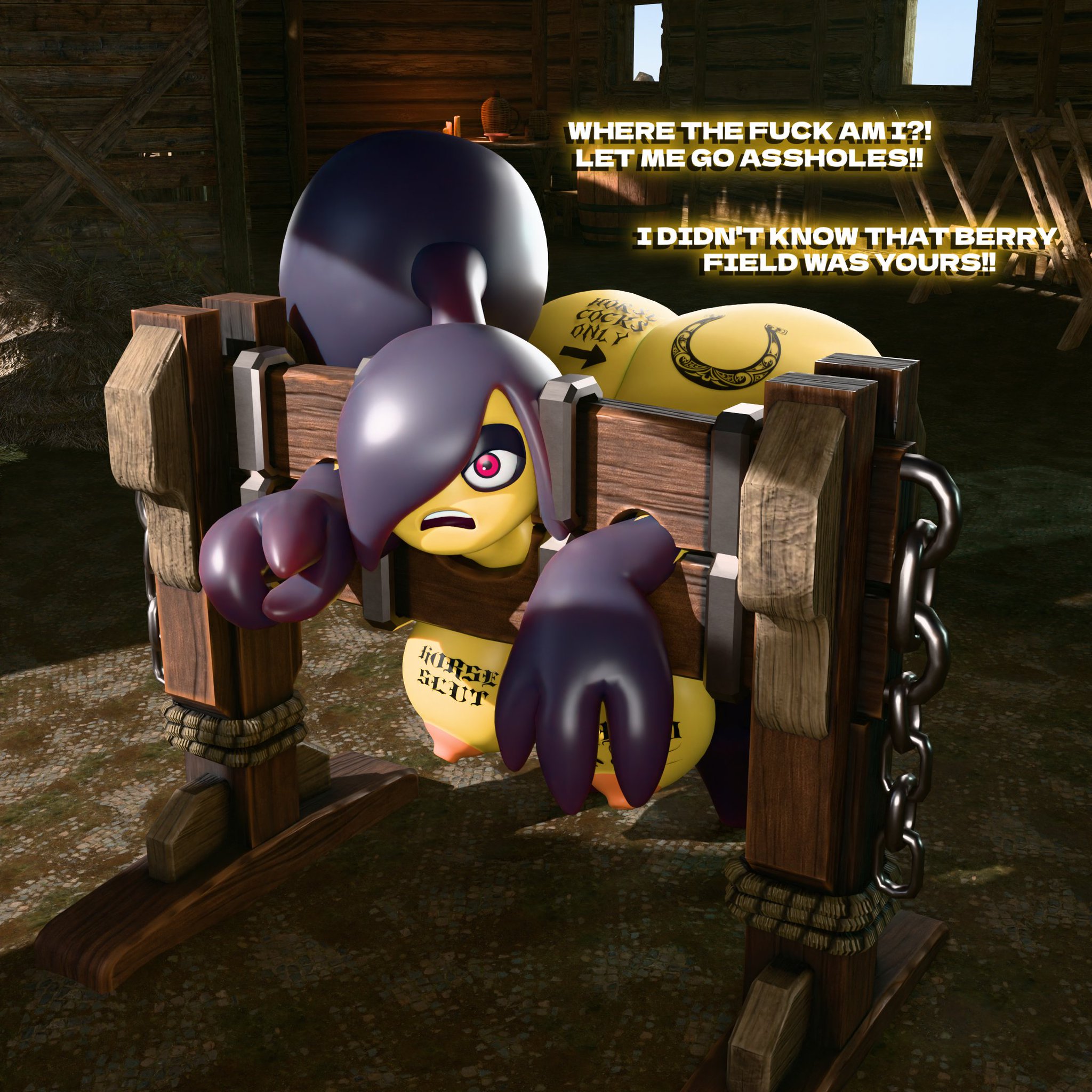 3d, 3d (artwork), angry, ass, ass tattoo, barn, big breasts, blender, breasts, bubble ass, bubble butt, captured, cybergunart, female, hair over one eye, horseshoe tattoo, huge ass, huge butt, humanoid, mawee, mawile, nipples, pillory, pokemon, pokemon (species), red eyes, restrained, shortstack, sperm tattoo, stable, tagme, tattoo, tattoos, text, wide hips, yellow body