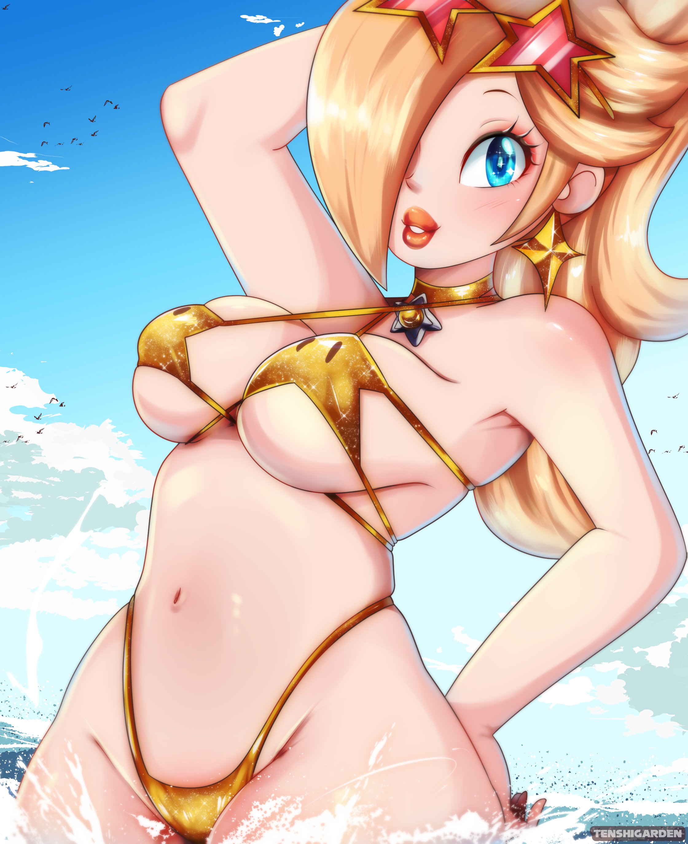 1girls, big breasts, bikini, bikini bottom, bikini top, blonde hair, blue eyes, bottomwear, breasts, cleavage, ear piercing, earrings, female, female only, hair, hair over one eye, hand behind head, hand on hip, headwear, lips, mario (series), neckwear, nintendo, parted lips, princess rosalina, solo, solo female, star bikini, star earrings, sunglasses, sunglasses on head, swimwear, tenshigarden, thick lips, topwear, water, yellow bikini