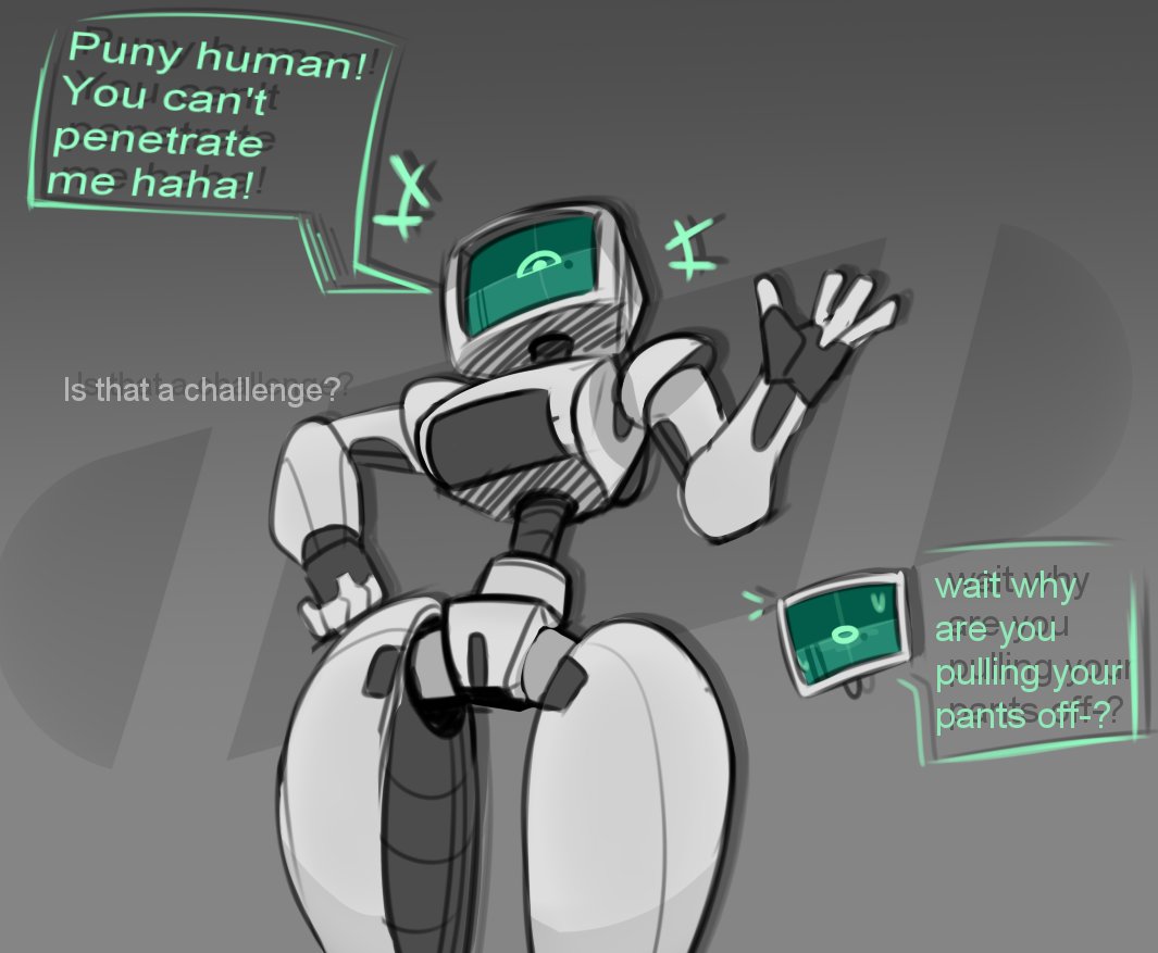1 eye, 1girls, 4 fingers, artificial vagina, big breasts, brat, breasts, comic, english text, female, from below, hand on hip, human, human on robot, human pov, human supremacy, imminent sex, instant regret, joints, laugh, machine, mocking, monitor, monty nsfw, monty smug, object head, original, original character, pov, pseudo-breasts, robot, robot girl, screen face, shocked, shoulder pads, solo, speech bubble, sweatdrop, tagme, talking, talking to viewer, thick thighs, unzipped pants, very poor choice of words, voluptuous