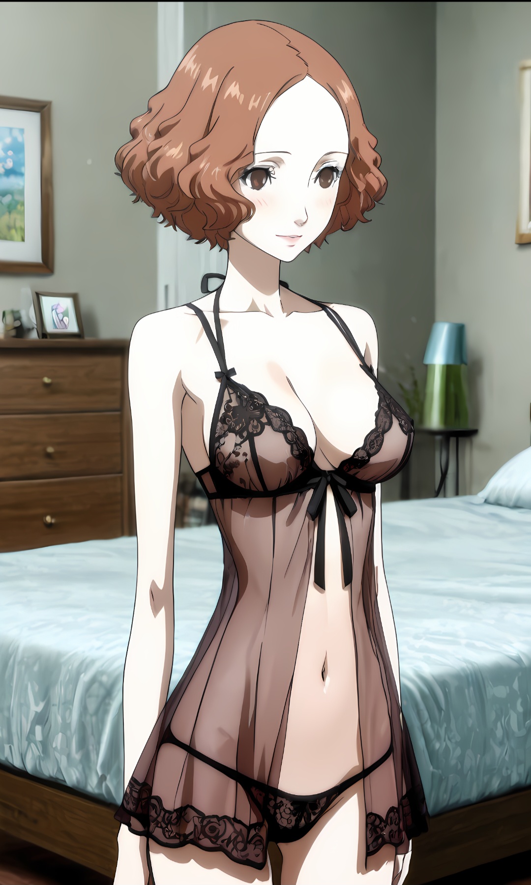 ai generated, auburn hair, babydoll, bedroom, blush, breasts, cleavage, female, feminine, happy, haru okumura, lingerie, panties, persona, persona 5, romantic, seductive, see-through, short hair, skinny, slim waist
