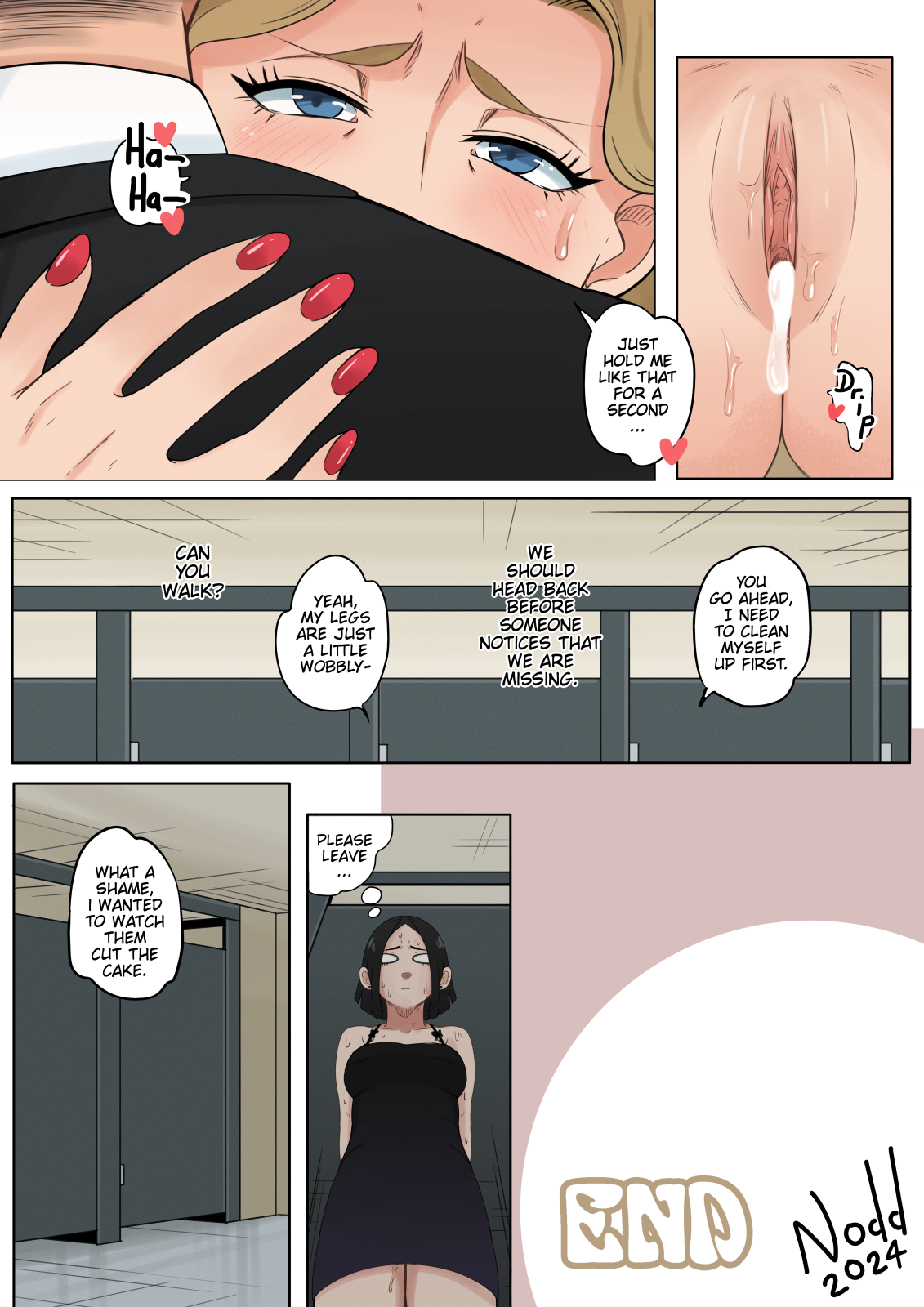 1boy, 1girls, after orgasm, after sex, afterglow, bathroom, bathroom sex, bathroom stall, blonde female, blonde hair, classy, classy female, clitoral hood, clitoris, comic, comic page, cougar, cougar milf, cum, cum in pussy, cum inside, dripping, dripping cum, ejaculation, english, english text, female, light skin, light-skinned female, male, mature, mature female, milf, nakadashi, noddarts, original, painted nails, pale skin, pale-skinned female, public sex, puffy pussy, pussy, pussy juice, red nails, rich, rich female, sex, shaved pussy, short hair, short-haired female, speech bubble, straight, straight sex, sweat, sweating, text, vagina, voluptuous female, watermark, wealthy, wealthy female, wet, wet pussy