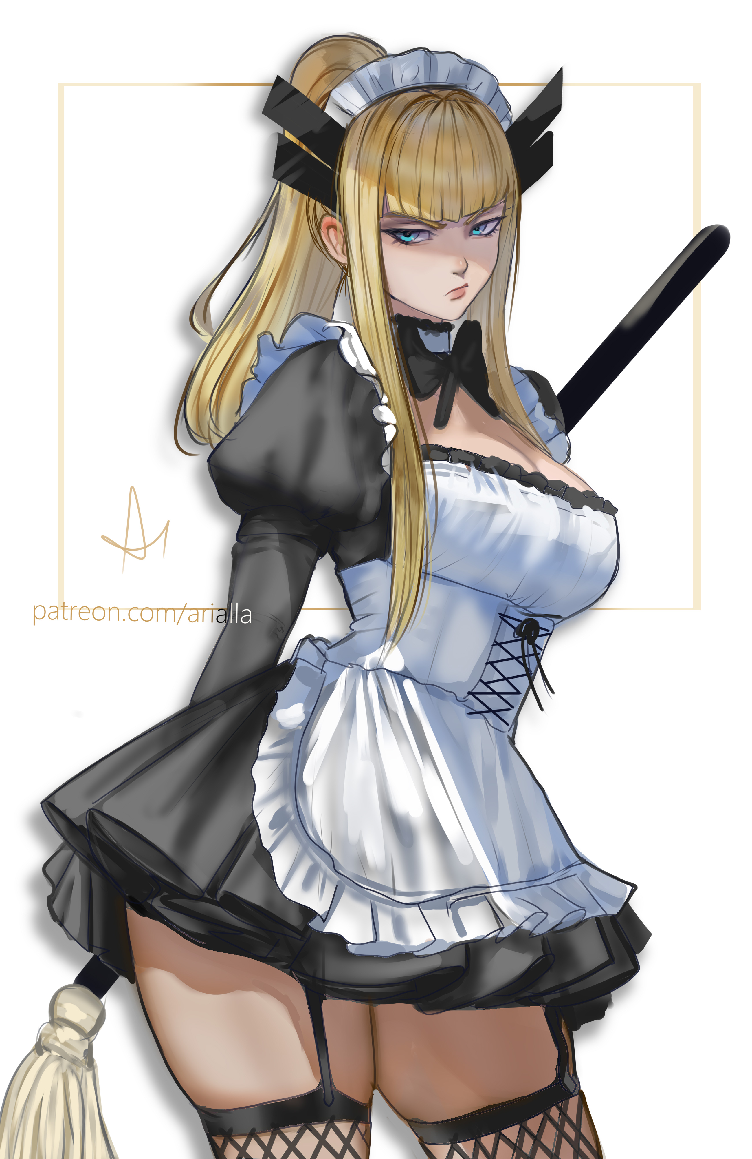 1girls, 2d, arialla draws, blonde female, blonde hair, breasts, clothed, female, female focus, female only, fishnets, fully clothed, large breasts, light skin, light-skinned female, looking at viewer, magik (illyana rasputin), magik (marvel rivals), maid, maid headdress, maid uniform, marvel, marvel comics, marvel rivals, solo, thighhighs, thighs, uniform, x-men