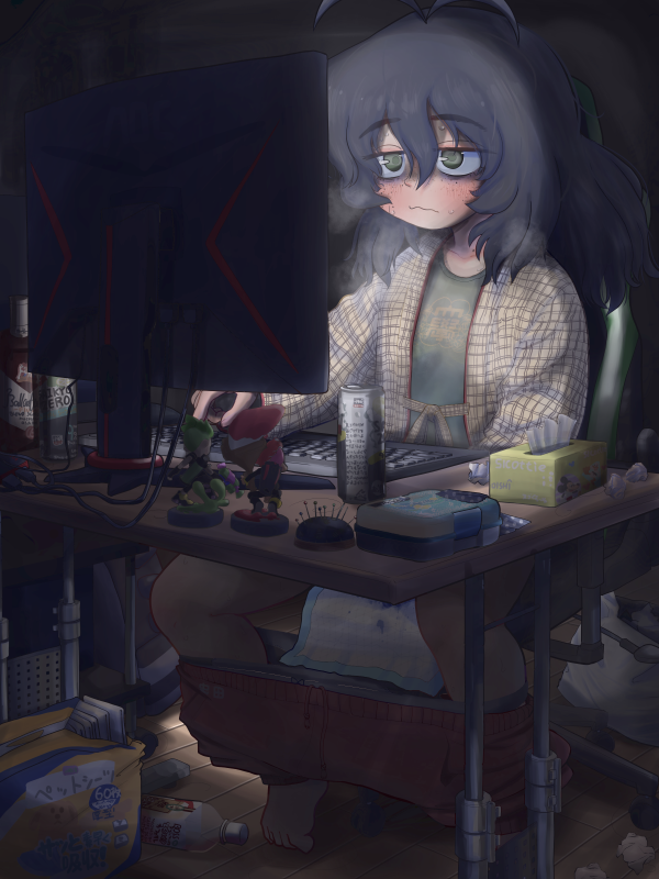 ahoge alcohol antenna_hair bags_under_eyes barefoot beer_can blush can chair clothes_pull computer dark desk drink_can eyebrows_hidden_by_hair female female_masturbation figure gaming_chair green_eyes hair_between_eyes hair_down iron-chan_(mushita_iron) jimiko long_hair masturbation messy_room mojyo monitor mushita_iron original pants pants_pull solo splatoon_(series) sweatdrop swivel_chair thick_eyebrows tissue tissue_box wavy_mouth